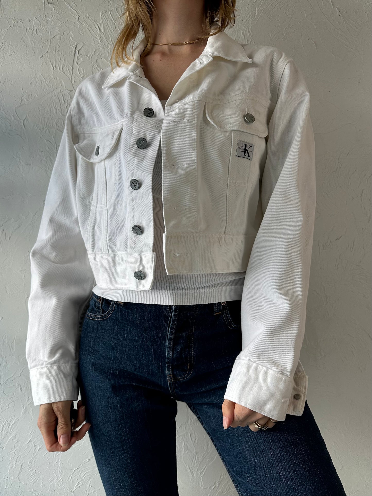 90s 'Calvin Klein' White Cropped Denim Jacket / Small