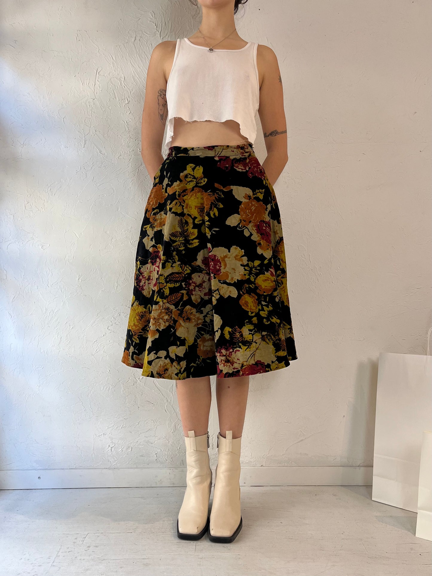 Y2k 'Tatyana' Floral Thick Cotton Velvet Midi Skirt / XS