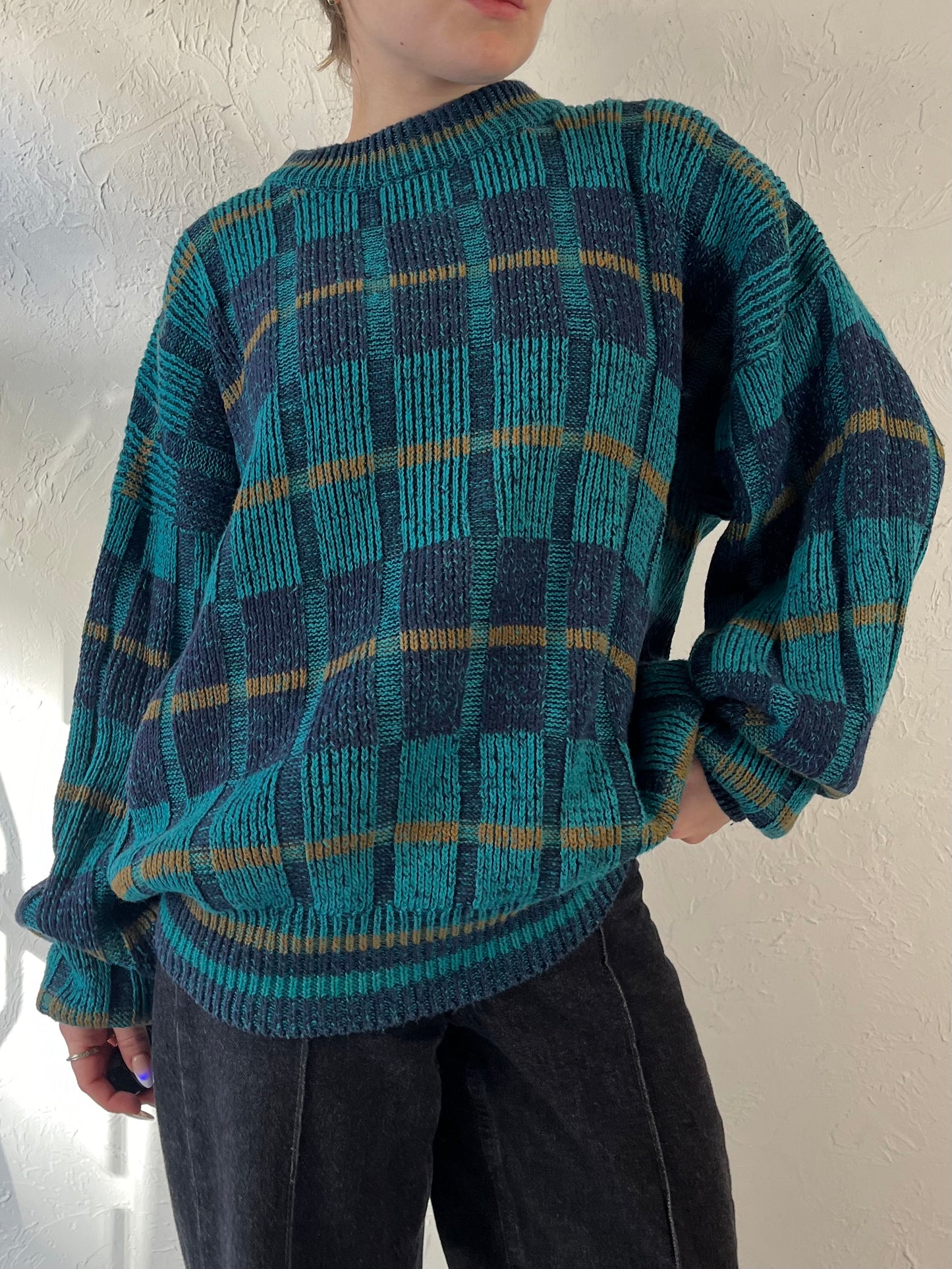 90s ‘Steeple Chase’ Blue Patterned Sweater / Large