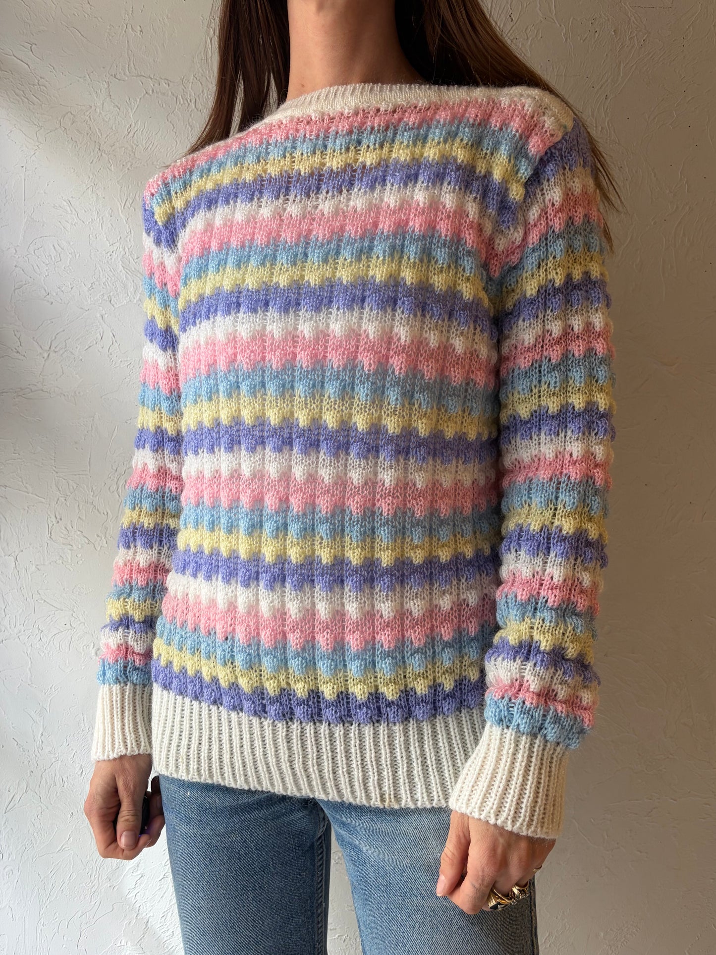 80s 'Liz Moody' Pastel Rainbow Striped Acrylic Knit Sweater / Medium
