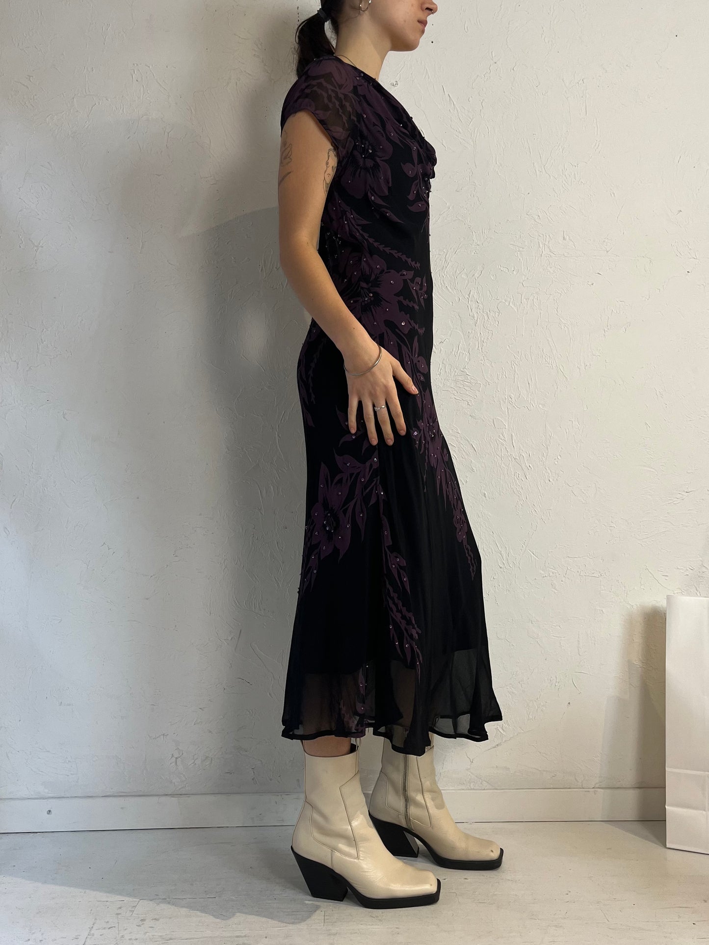 90s 'Jessica' Black Mesh Floral Dress / Medium - Large