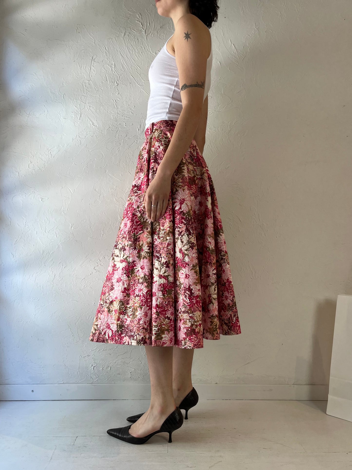 Vintage Handmade Pink Floral Midi Skirt / Small