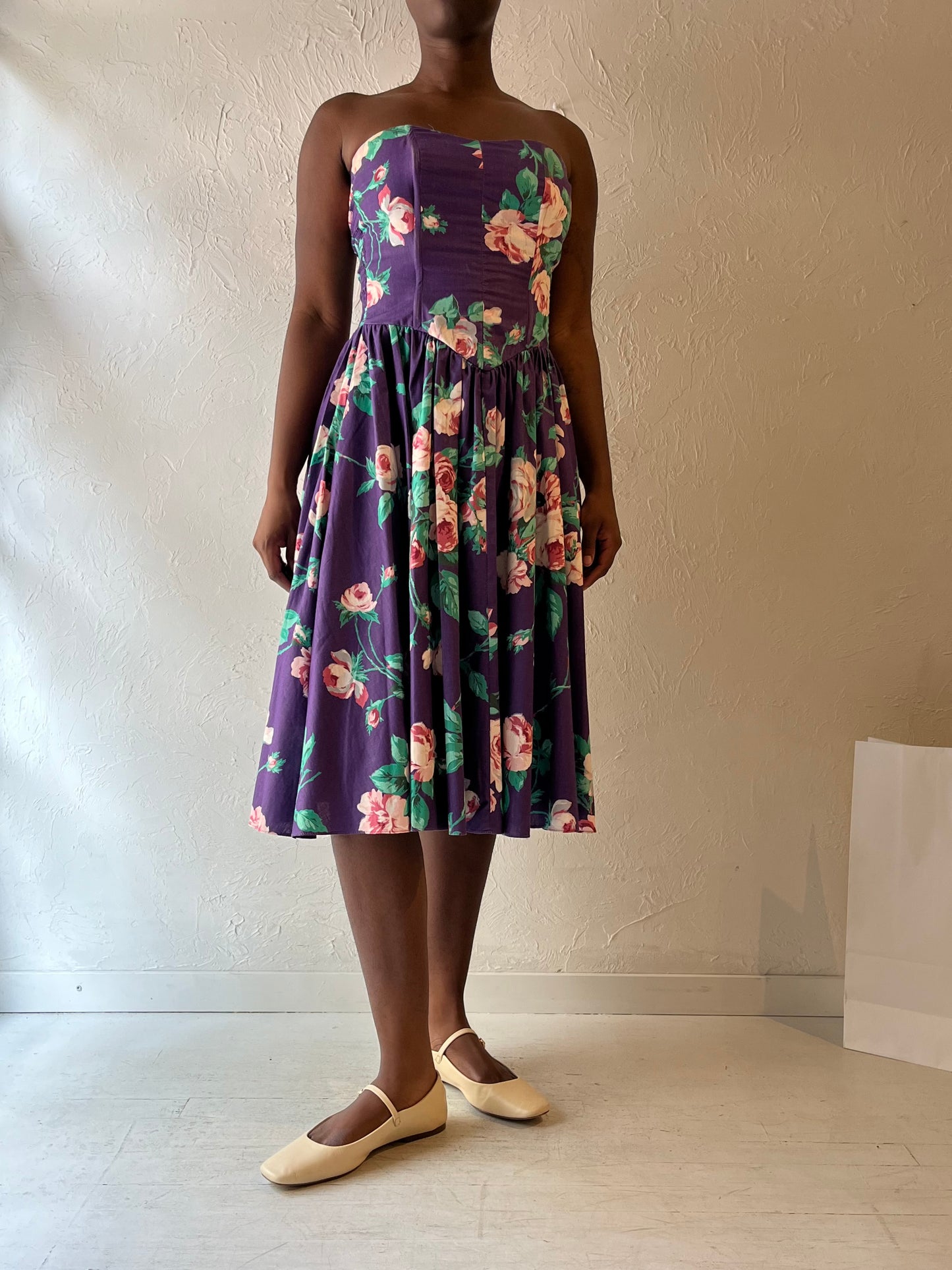 90s 'We Ltd' Purple Floral Print Strapless Dress / Small - Medium