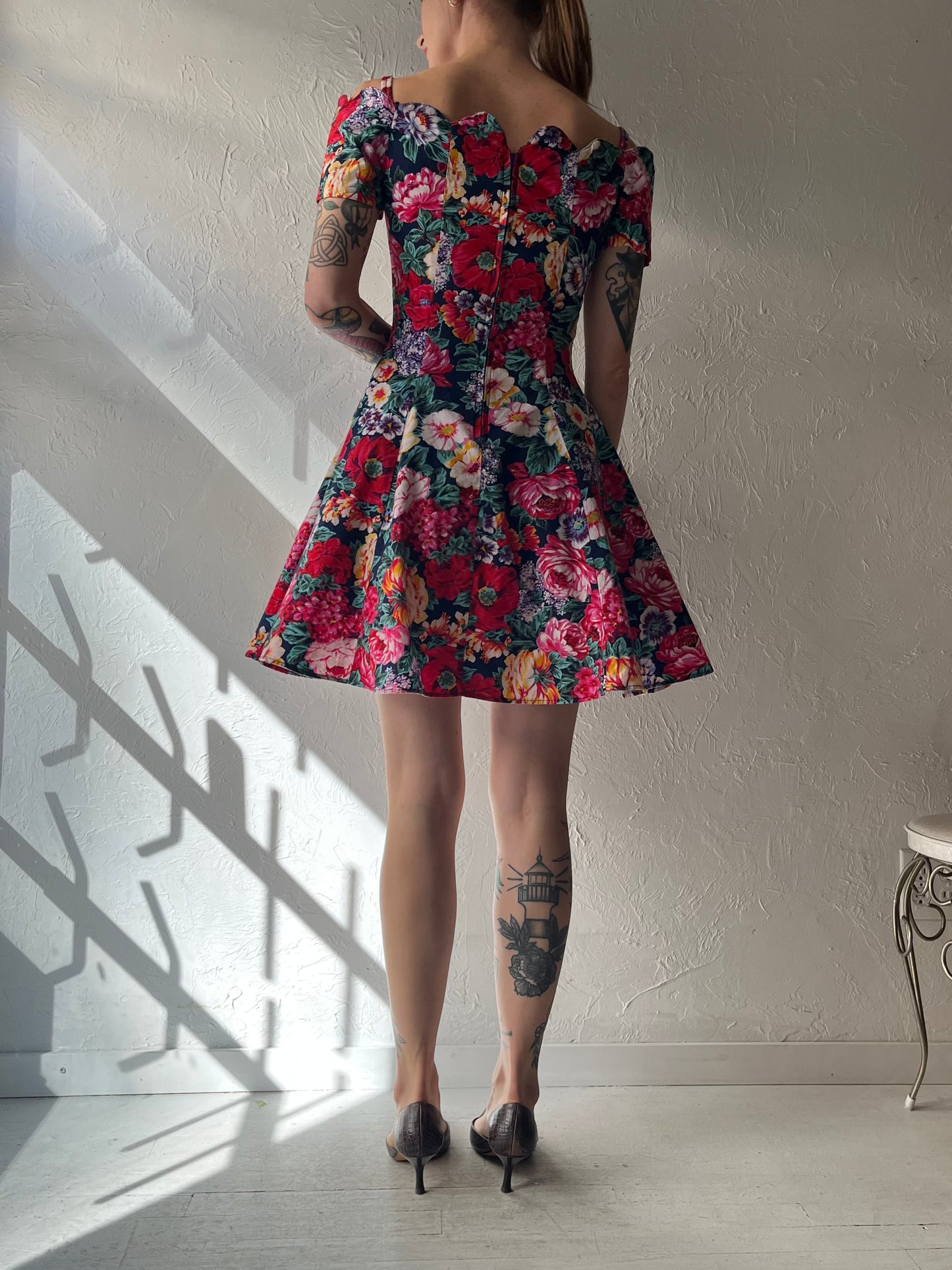 80s 'Damatix' Floral Cotton Mini Dress / Small