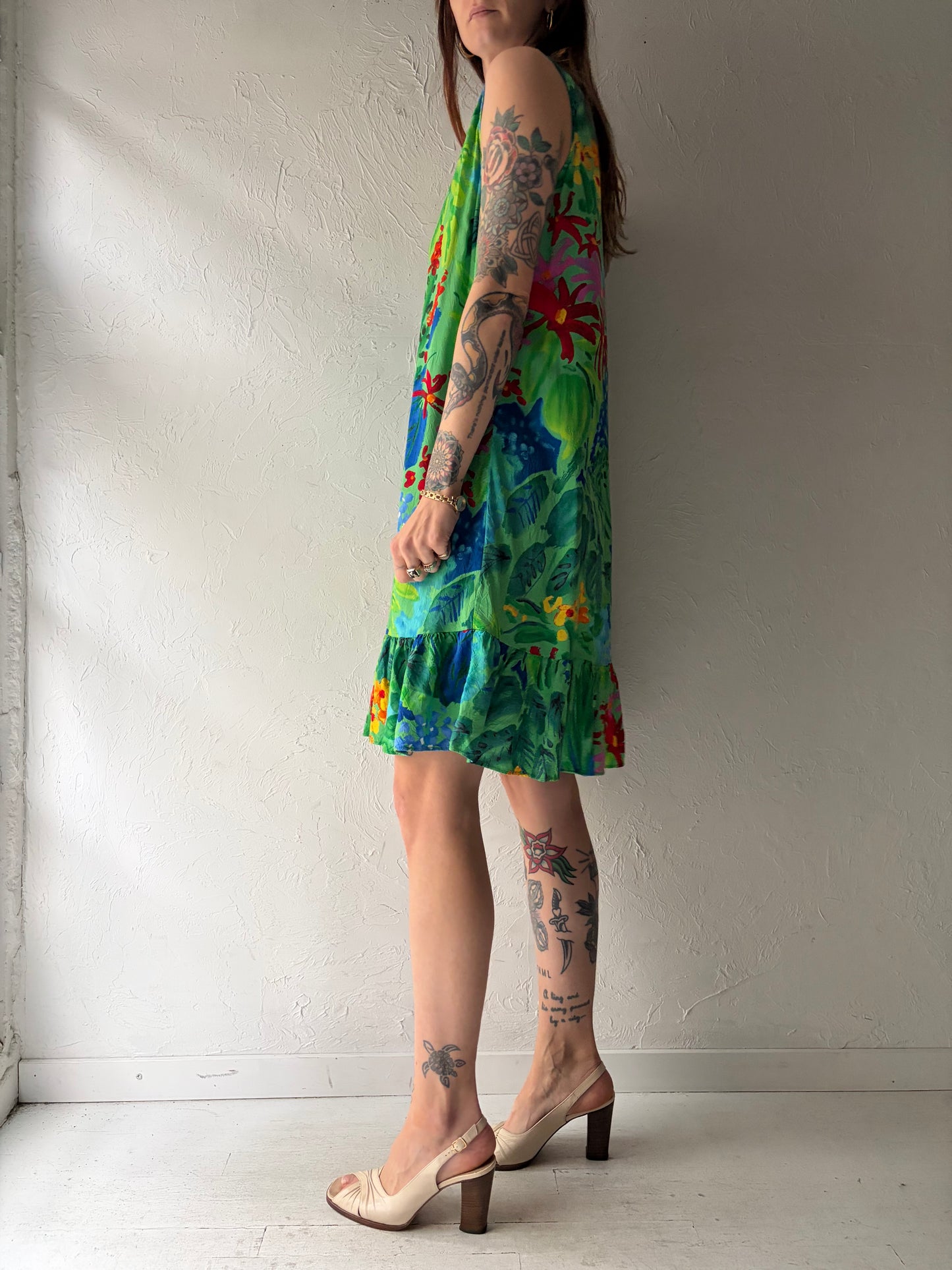 90s 'Jams World' Green Floral Retro Mini Dress / Vintage 1990s Summer Beach Dress / Medium