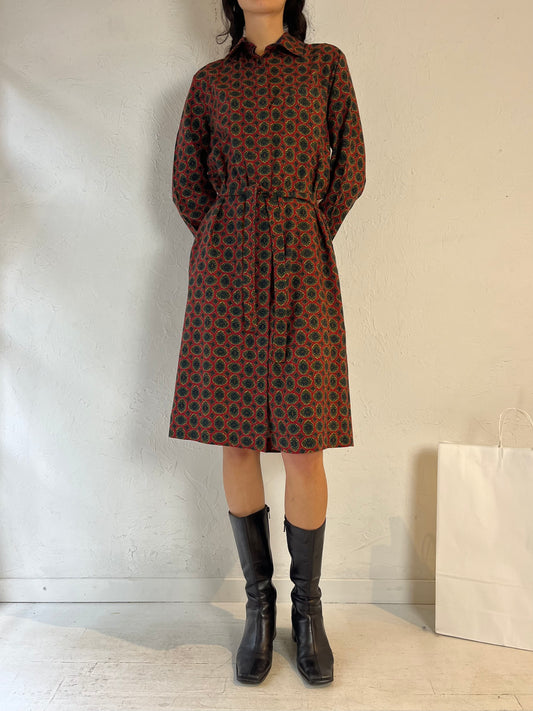 90s ‘Schrader’ Long Sleeve Patterned Midi Dress / Medium