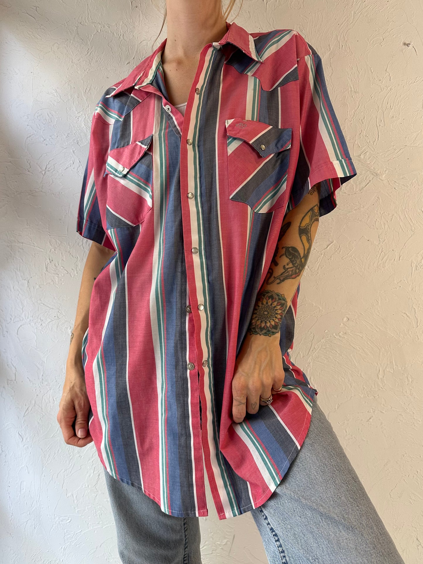 80s 90s 'MWG' Striped Short Sleeve Pearl Snap Shirt / Large