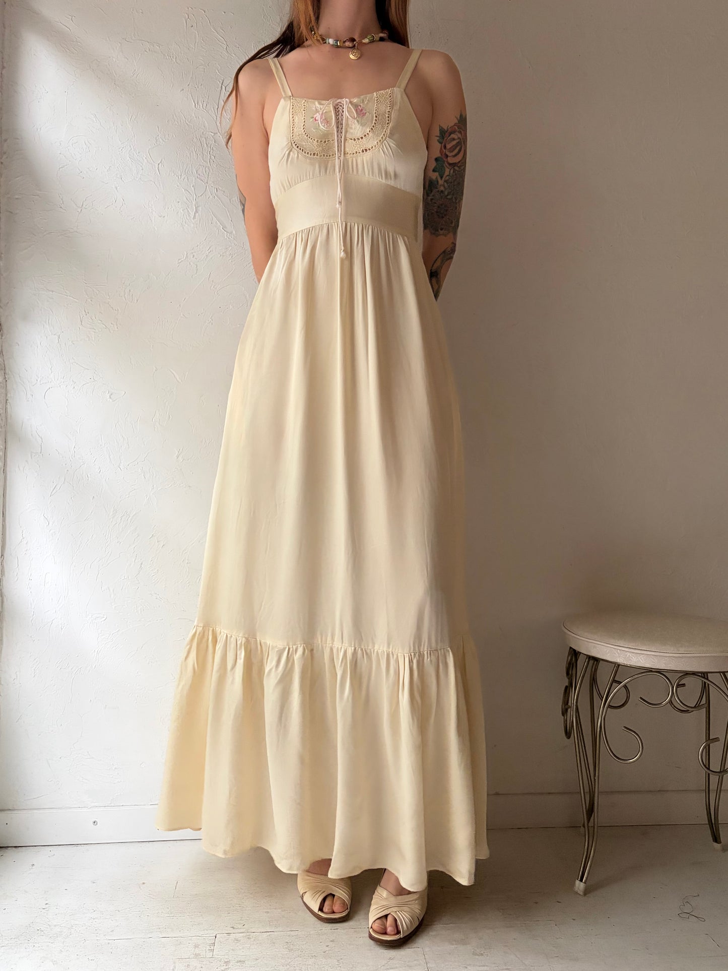 70s Cream Silky Dress / Small