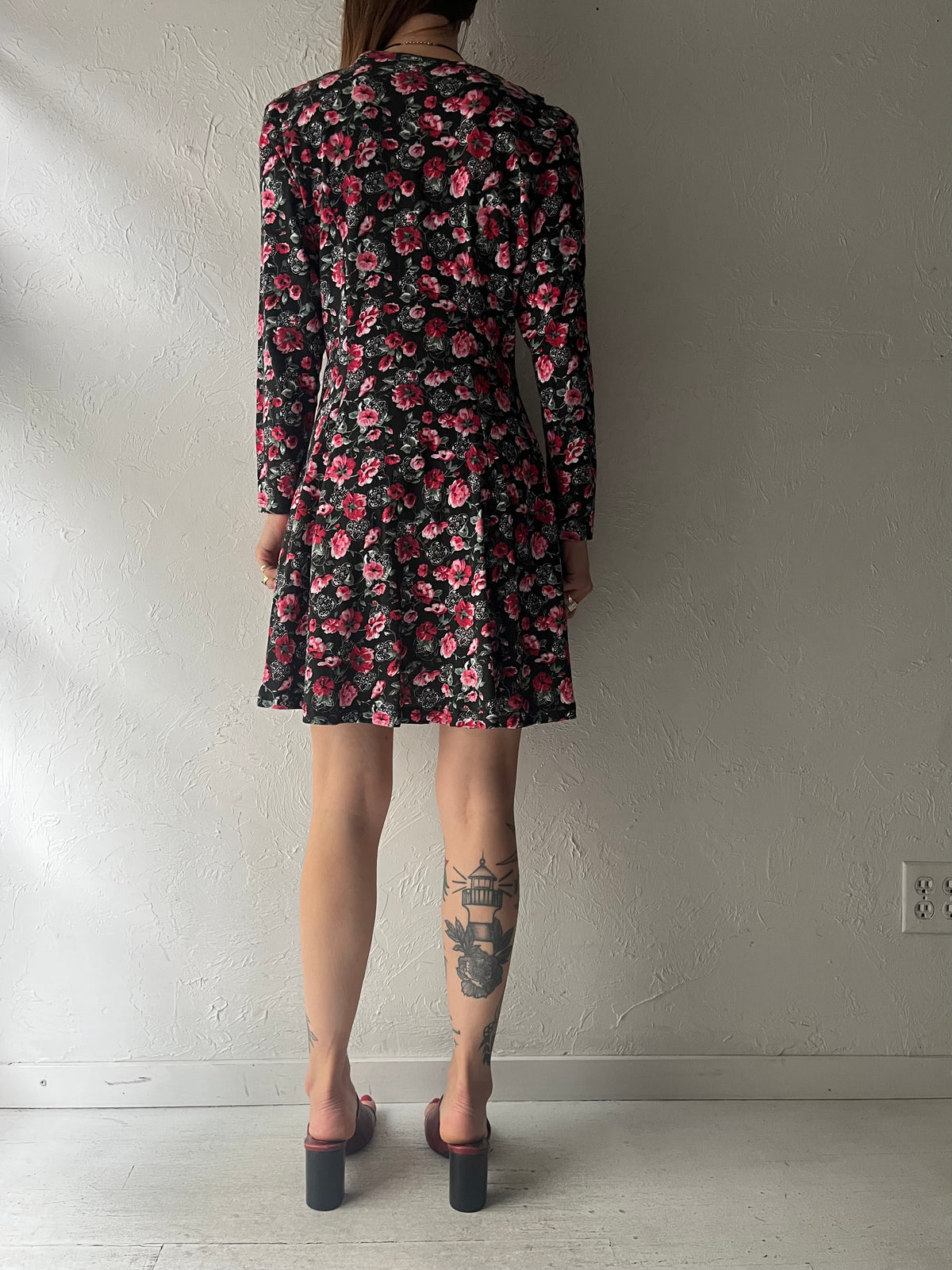 90s 'Jappa' Collared Long Sleeve Floral Mini Dress / Medium