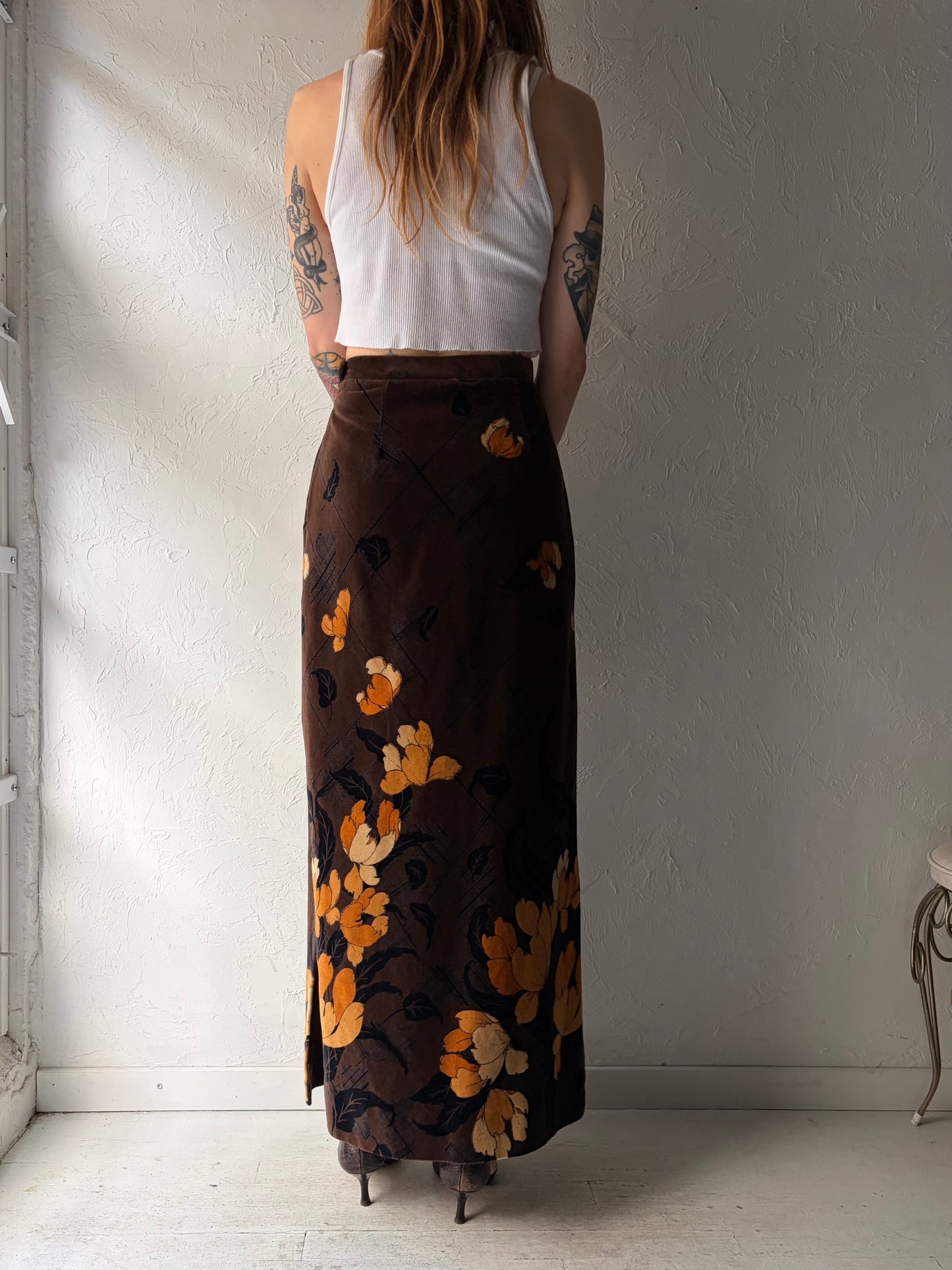 70s 'Tan Jay' Brown Velvet Floral Maxi Skirt / Small