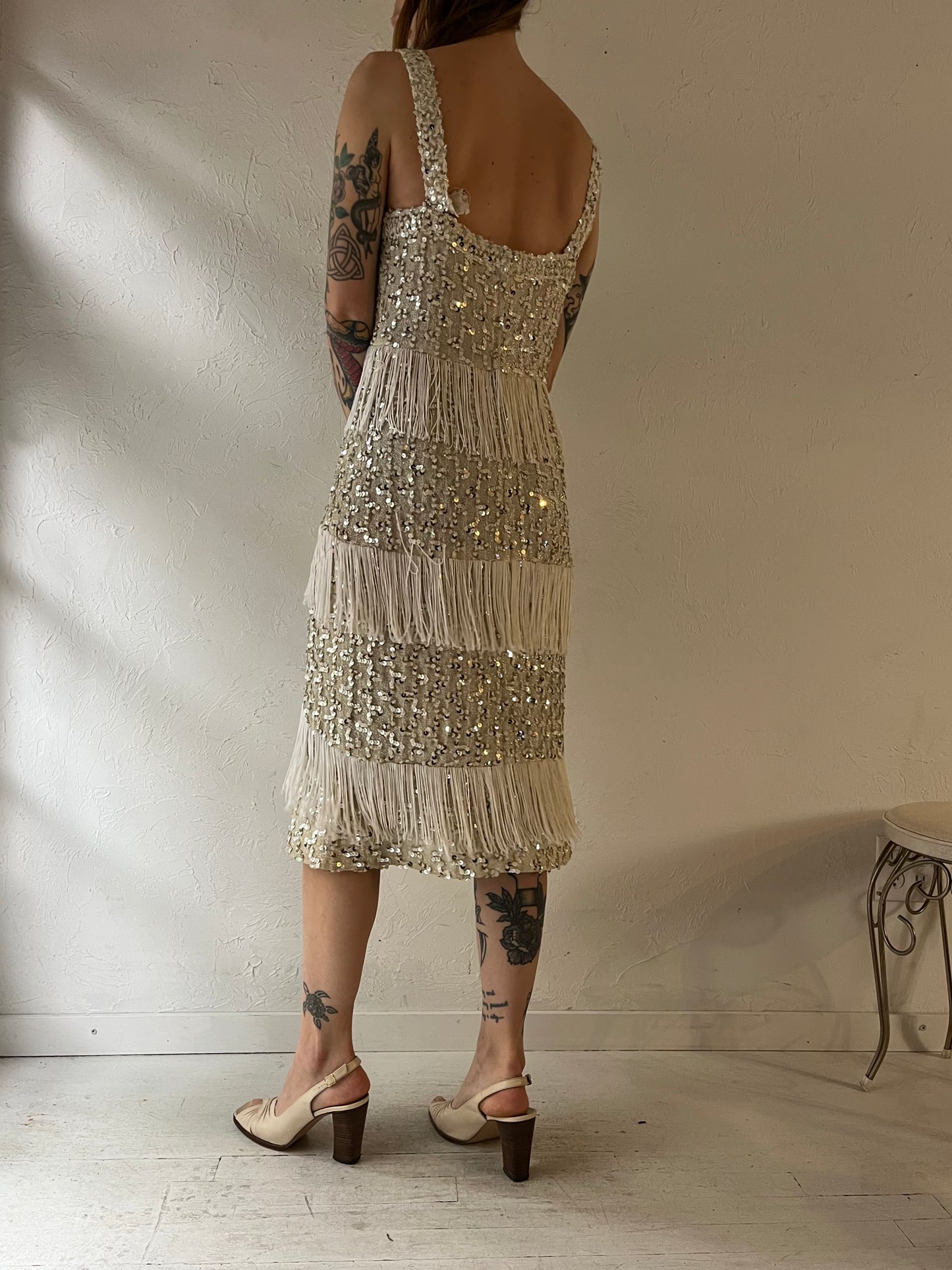 70s 'Lilli Diamond' Silver Sequin Fringe Dress / Medium
