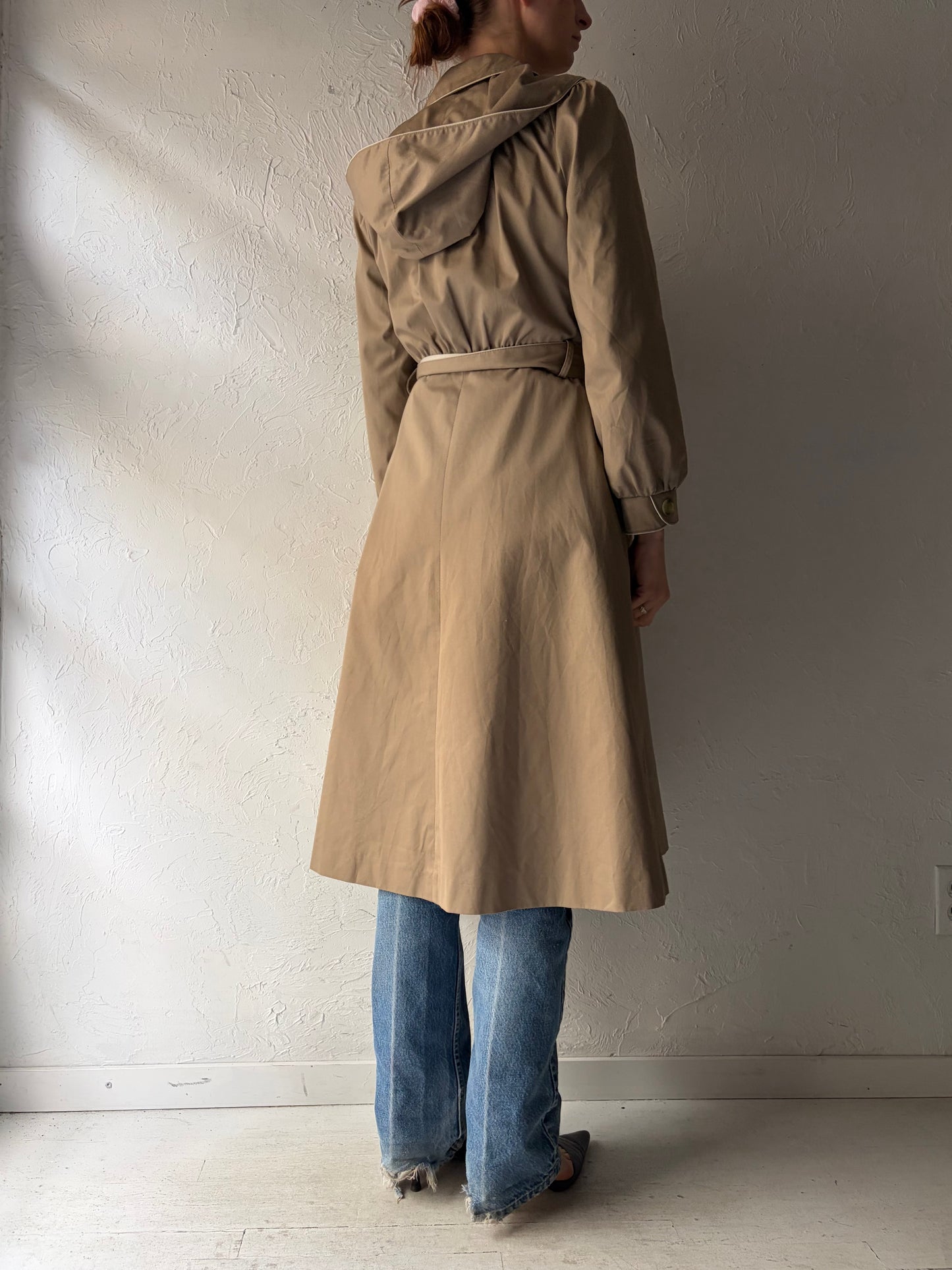 80s 'ICI' Vintage Beige Hooded Sping Trench Coat / Small