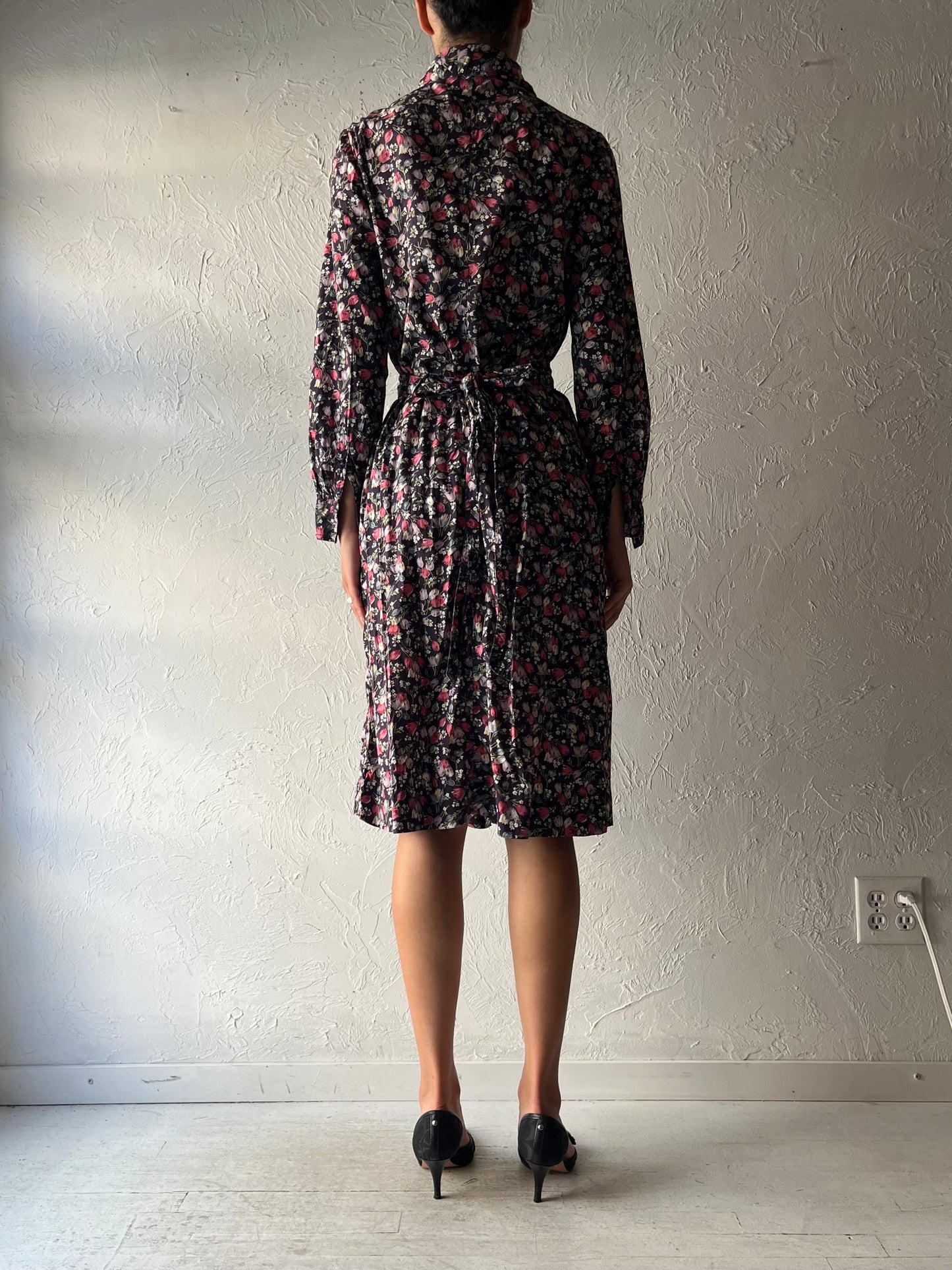 70s 'Ports' Floral Print Button Up Dress / Small