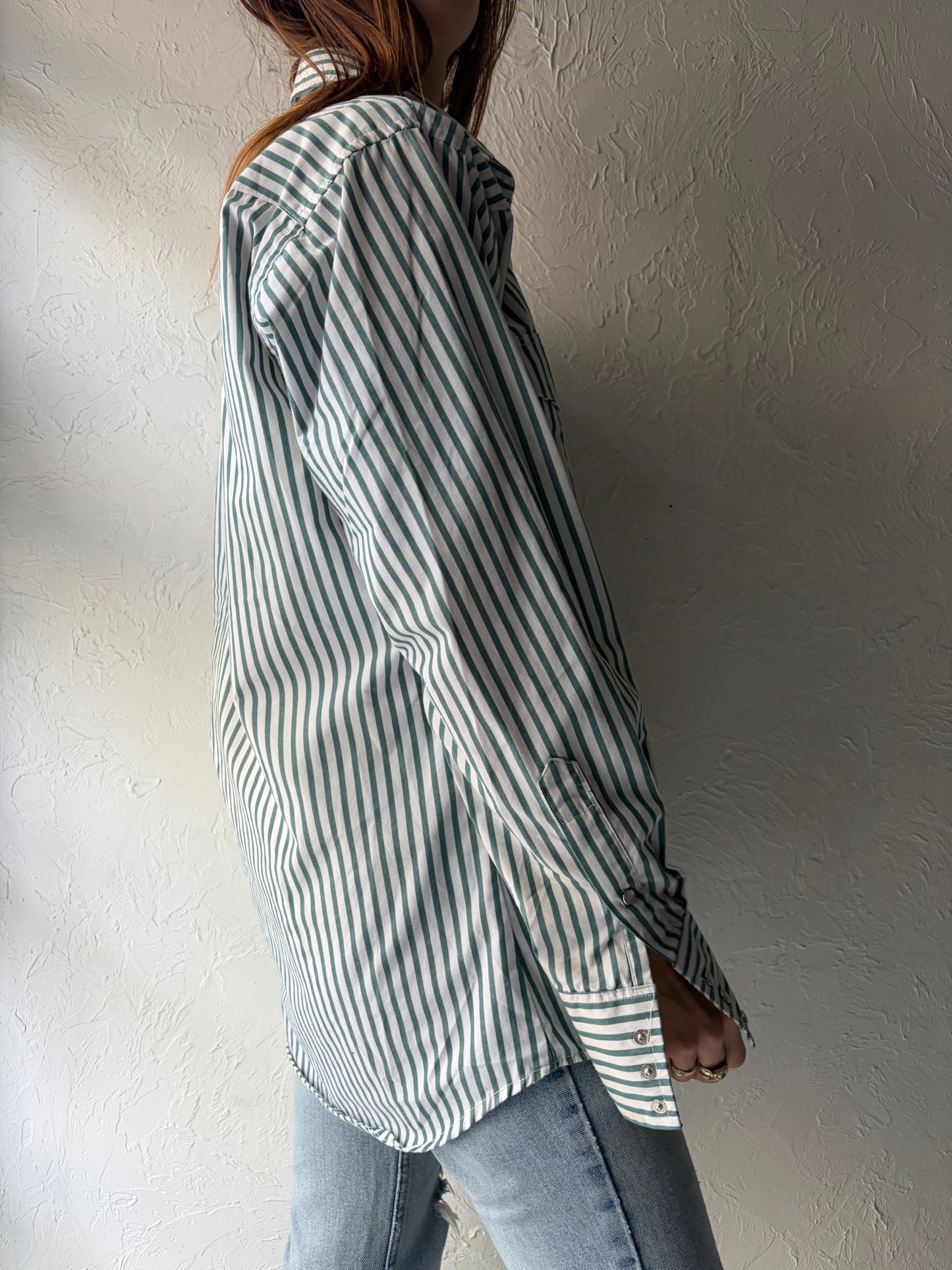 90s 'Flying Ranch Wear' Green Stripped Western Pearl Snap Up Shirt / Vintage 1990s Cowboy Workwear Shirt / Medium