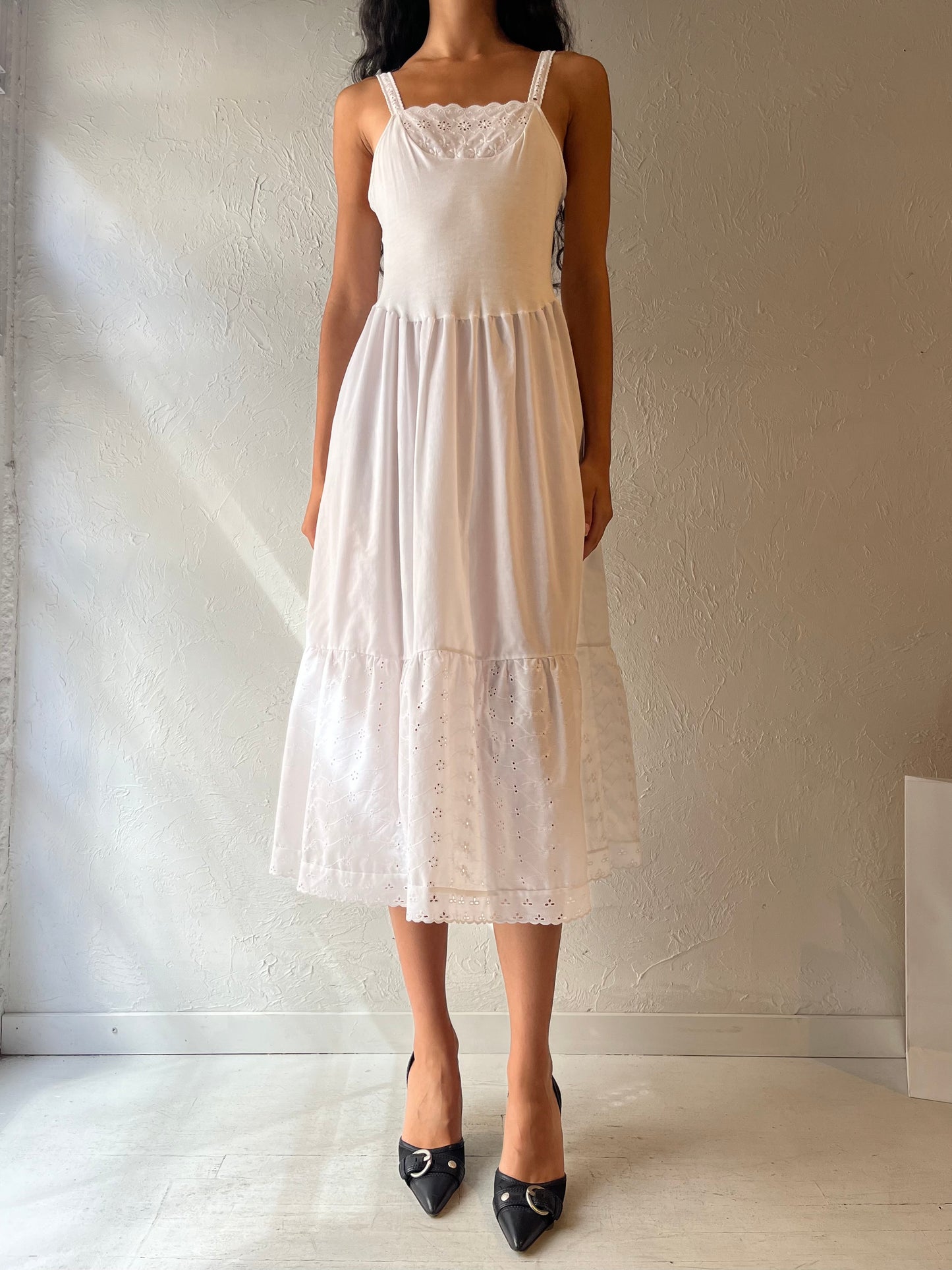 90s 'Jessica' White Eyelet Midi Dress / Small