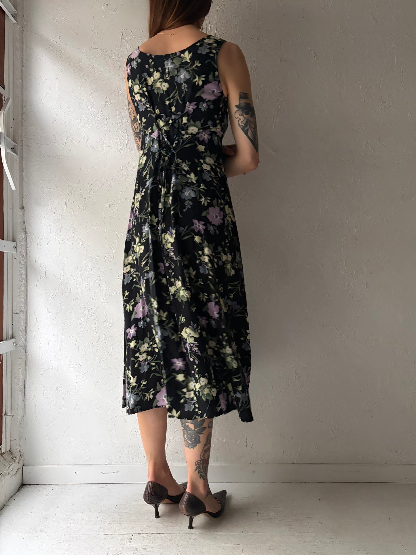 90s 'All That Jazz' Black Floral Print Grunge Spring Dress / Medium