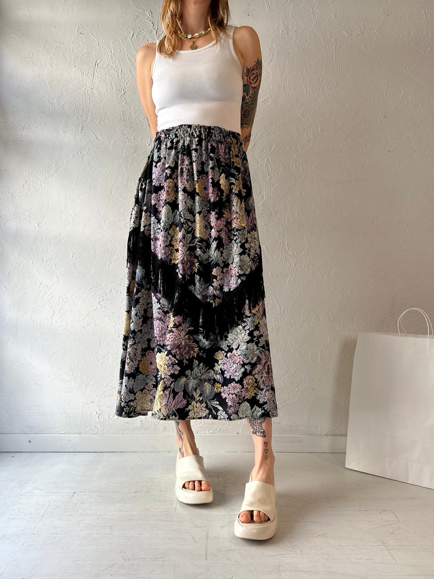 90s Floral Print Fringe Midi Skirt / Small - Medium