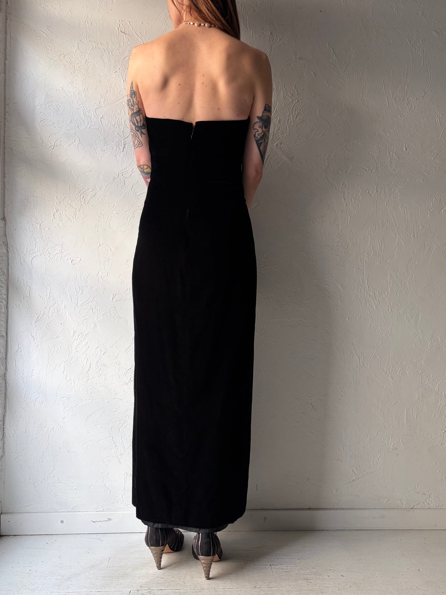 Vintage Black Strapless Velvet Formal Dress / Small