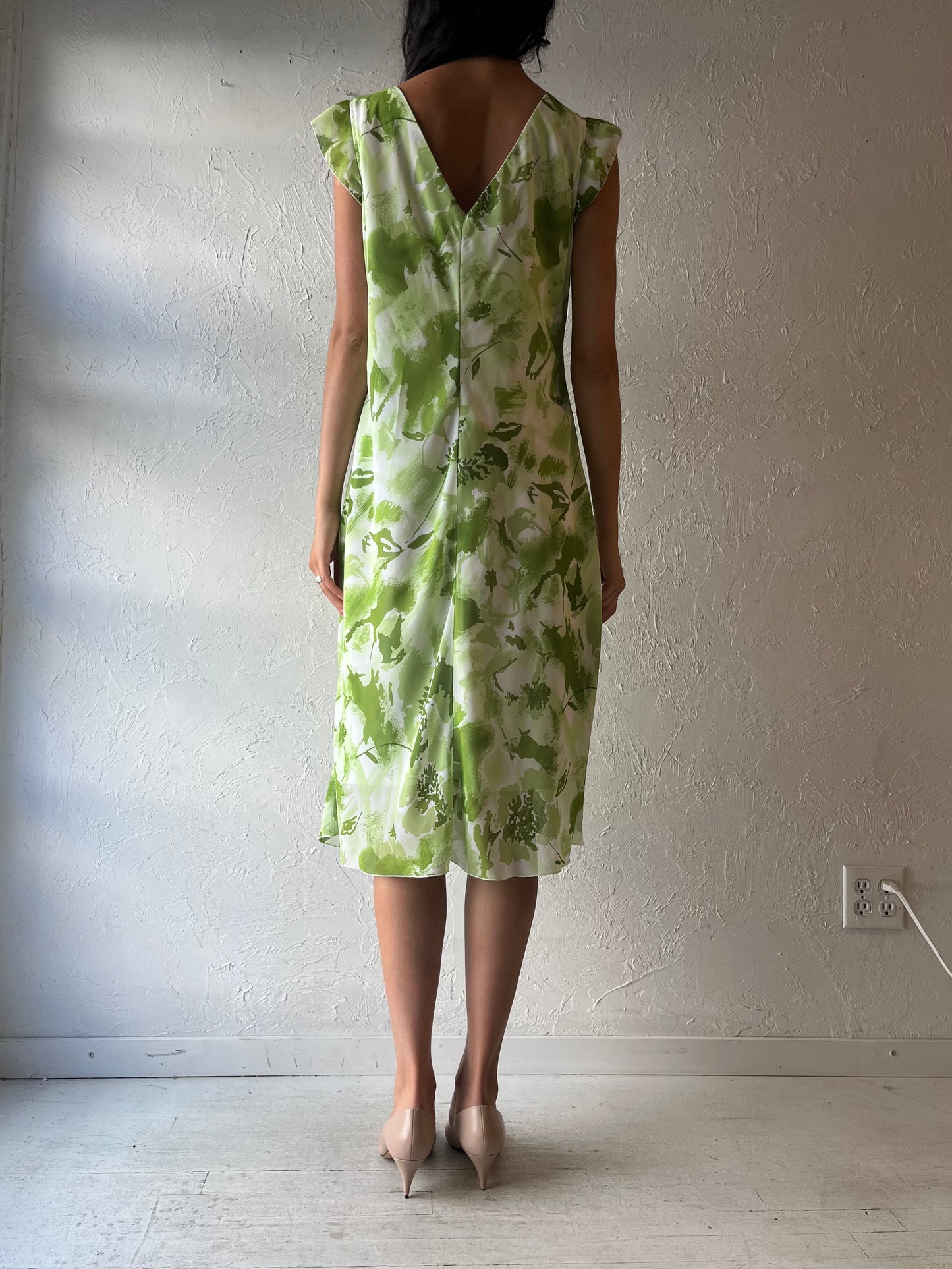 90s 'Jessica' Green Floral Spring Garden Party Midi Summer Dress / Large