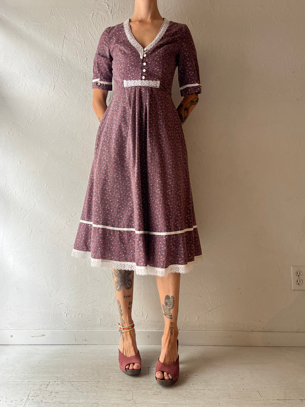 70s 'Joseph Ribkoff' Floral Prairie Dress / Small