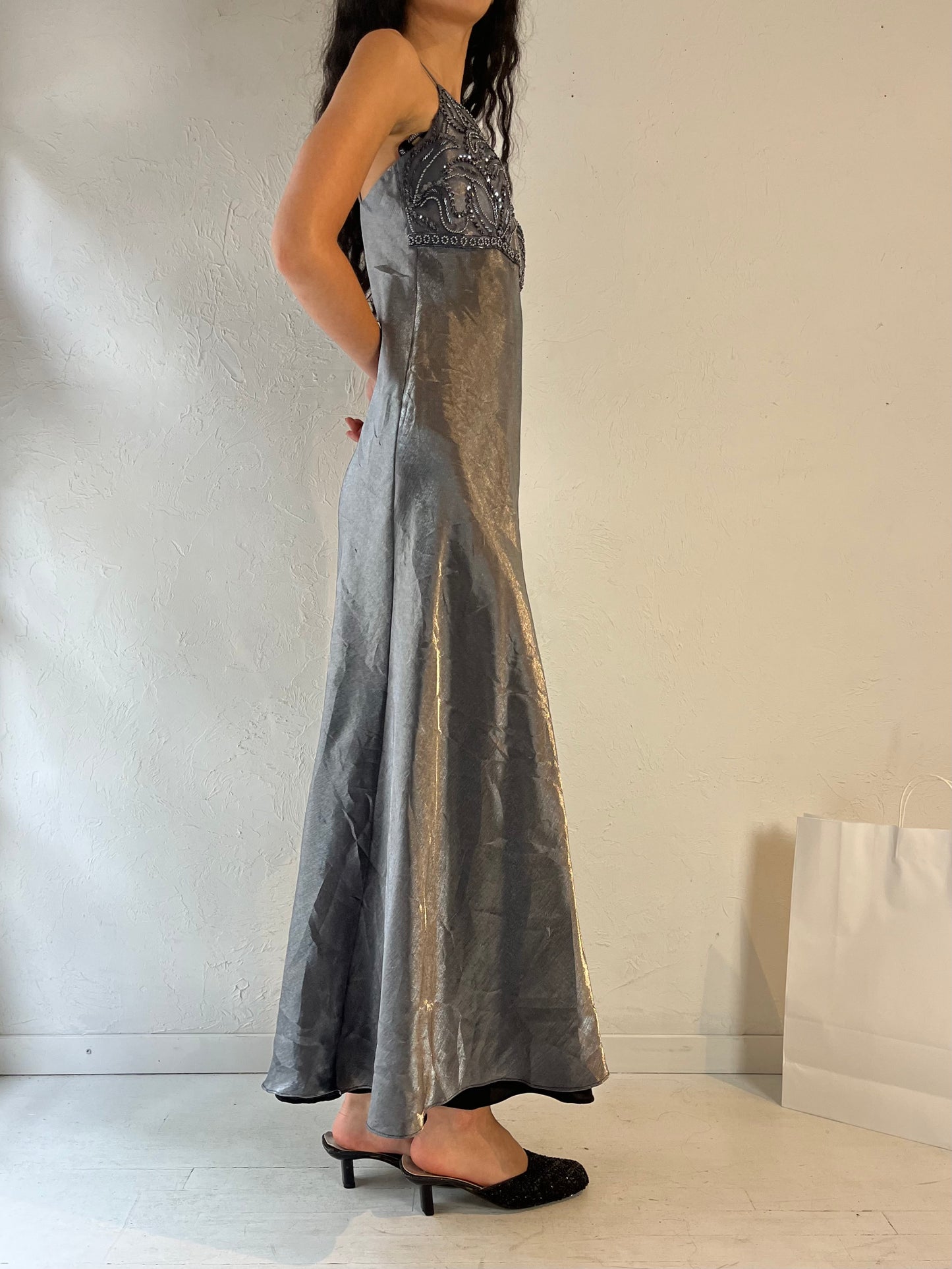 90s 'Faviana' Silver Formal Dress / Small