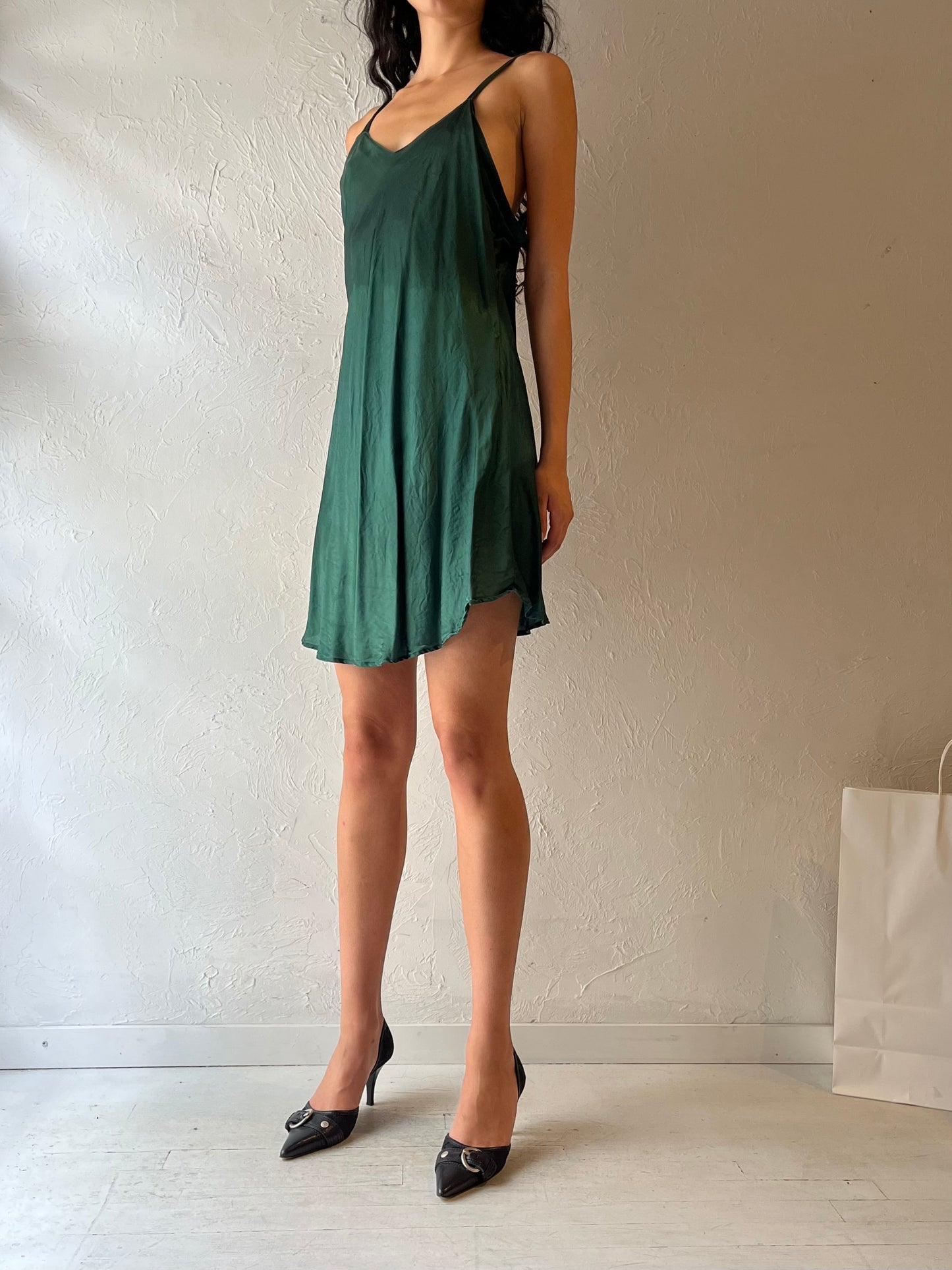 90s ‘Silk & Satin’ Green Silk Slip Dress / XL
