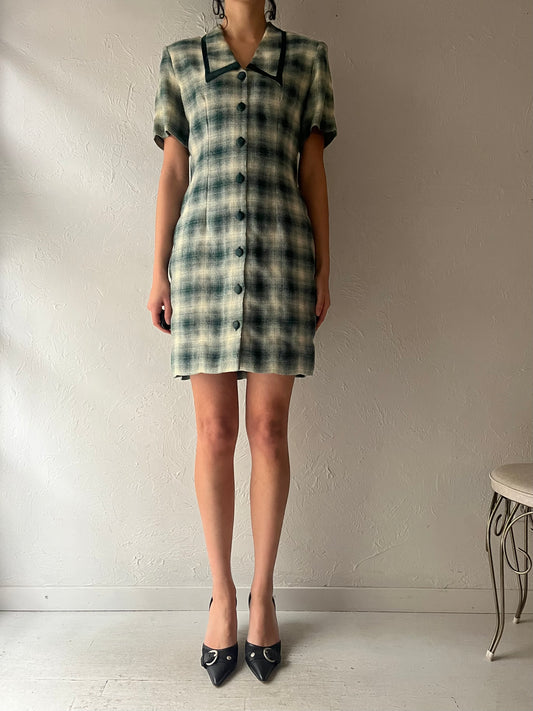 80s Green Button Up Mini Dress / Small
