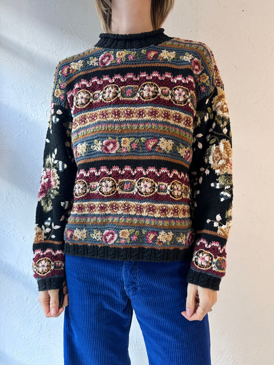 90s 'Express' Cotton Ramie Floral Knit Sweater / Medium