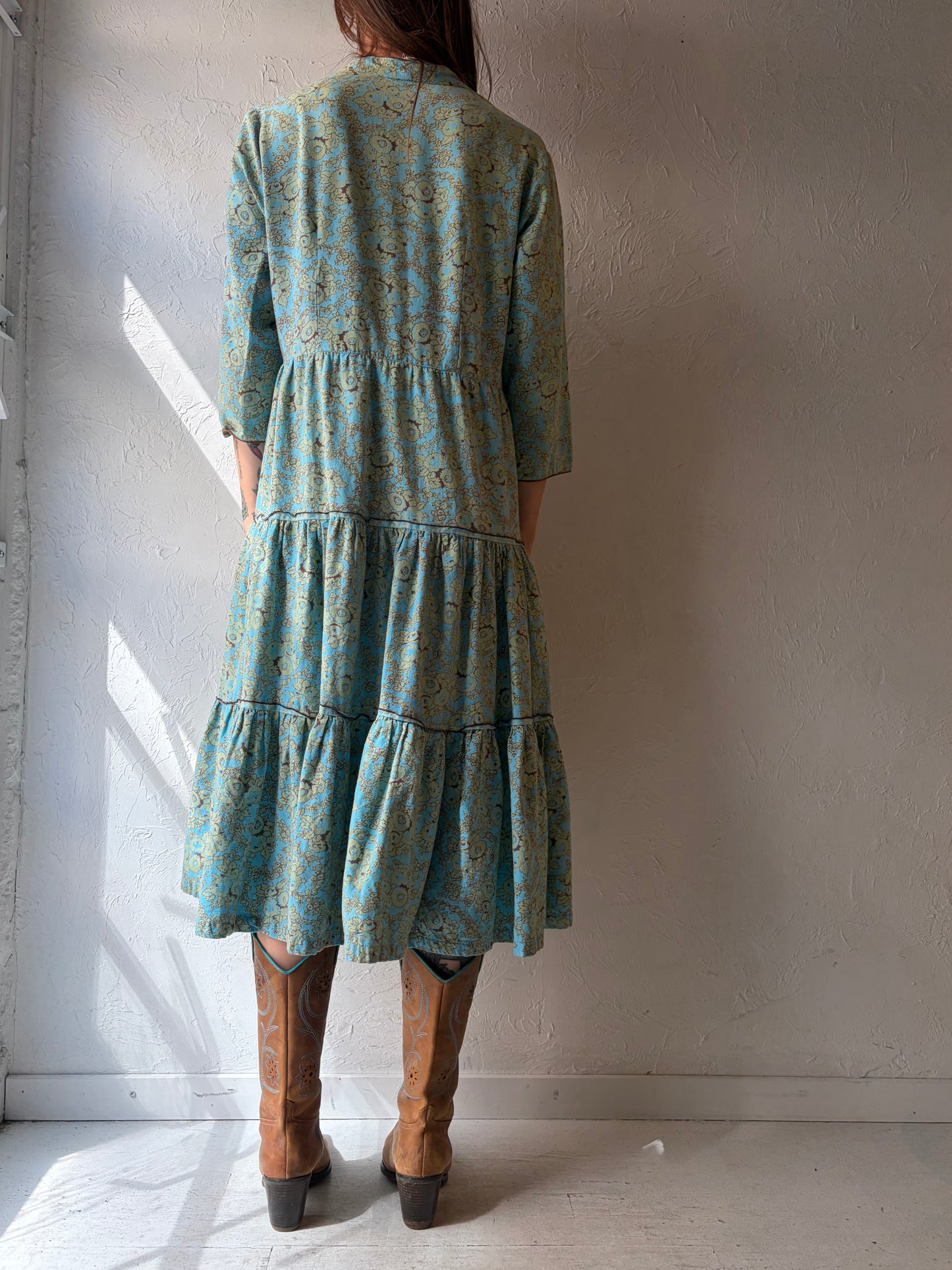 90s 'April Cornell' Blue Tiered Floral Print Cotton Western Spring Dress / Small