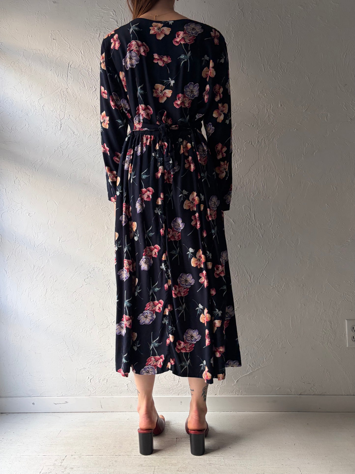 90s '726' Long Sleeve Floral Rayon Dress / Large