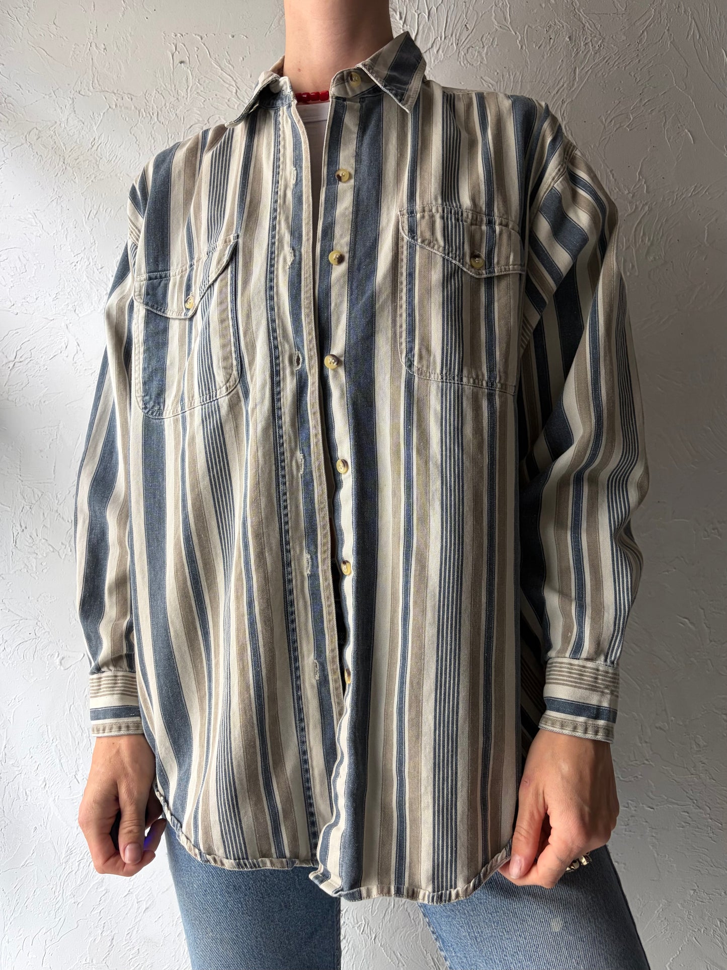 90s 'True Blues' Stripped Cotton Western Workwear Button Up Shirt / Medium
