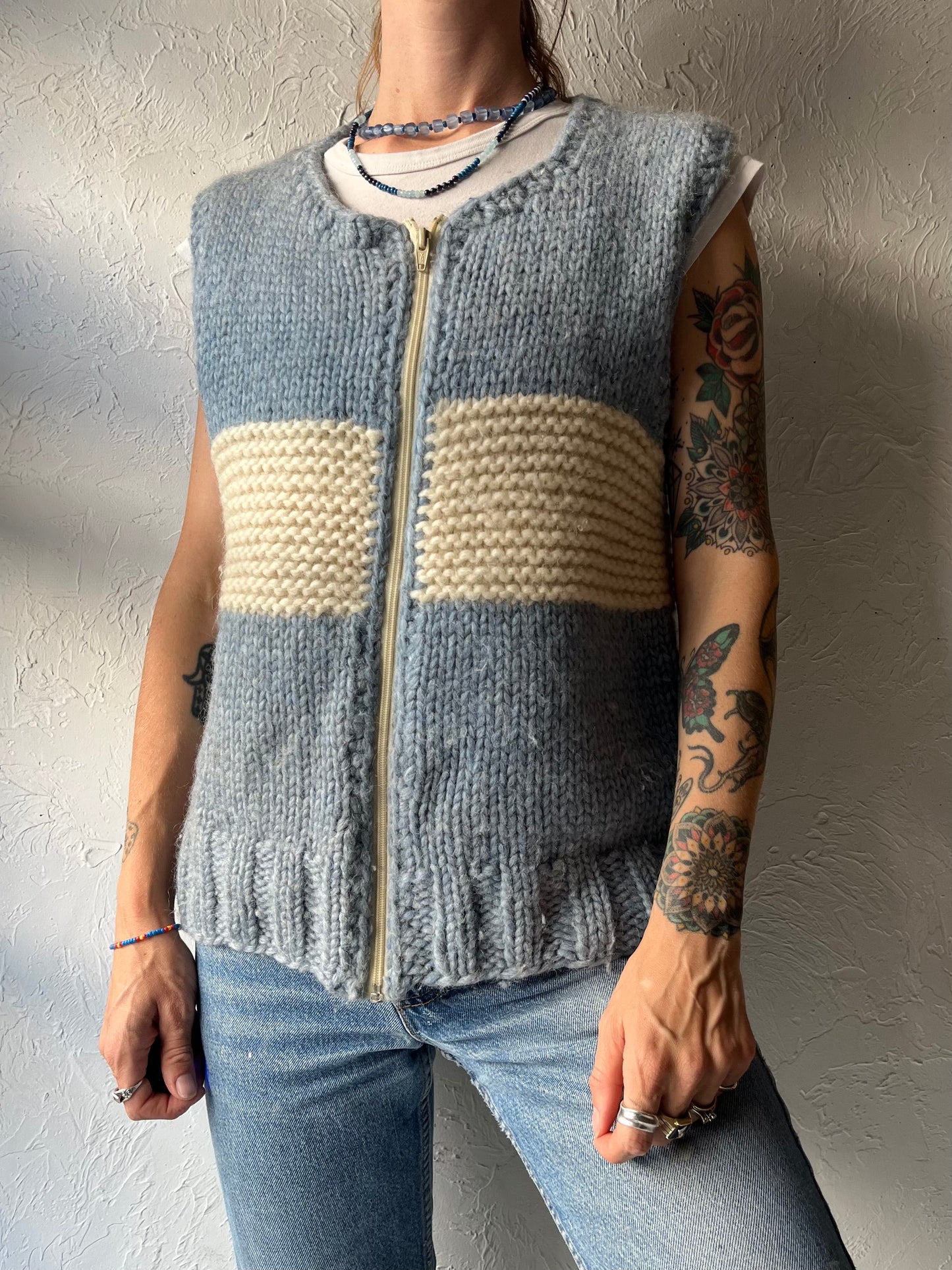 Handknit Blue & White Color Blocked Wool Cottagecore Sweater Vest / Medium