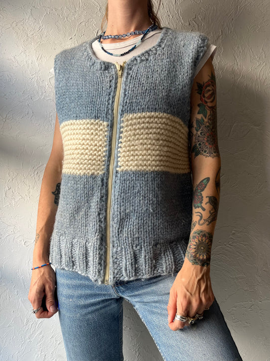 Handknit Blue & White Color Blocked Wool Cottagecore Sweater Vest / Medium