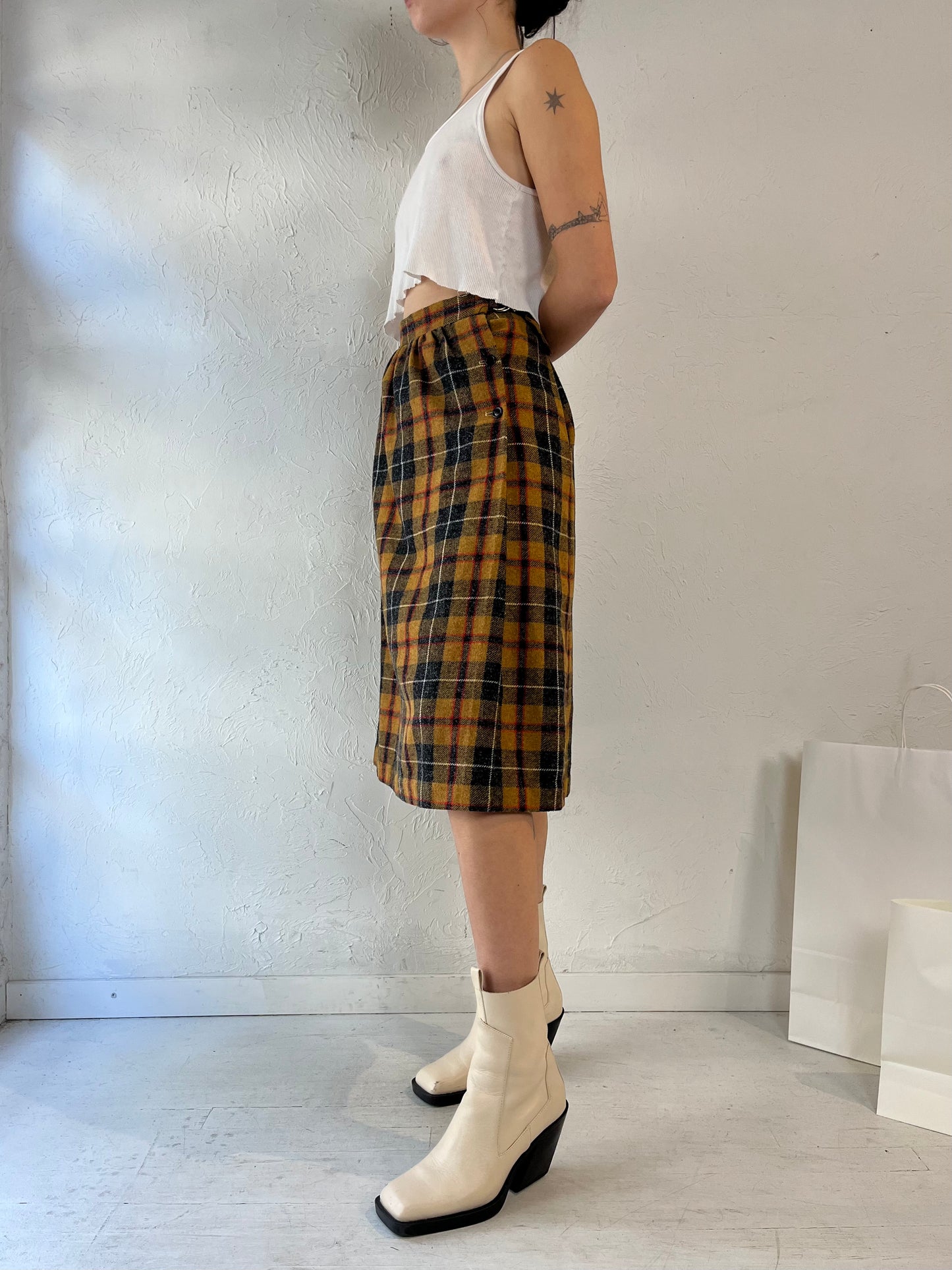 80s Yellow Plaid Midi Skirt / XS