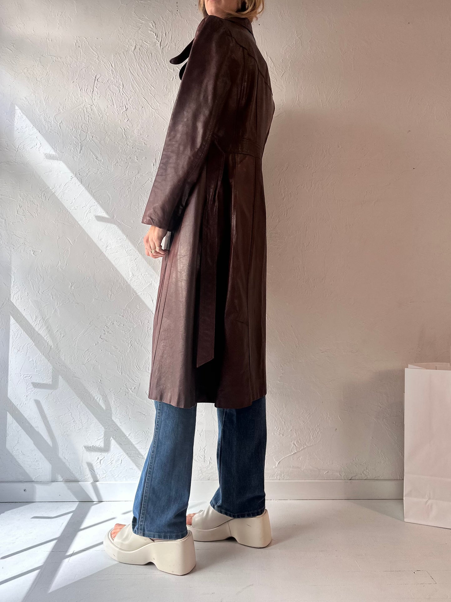 Vintage Burgundy Leather Trench Coat / Small