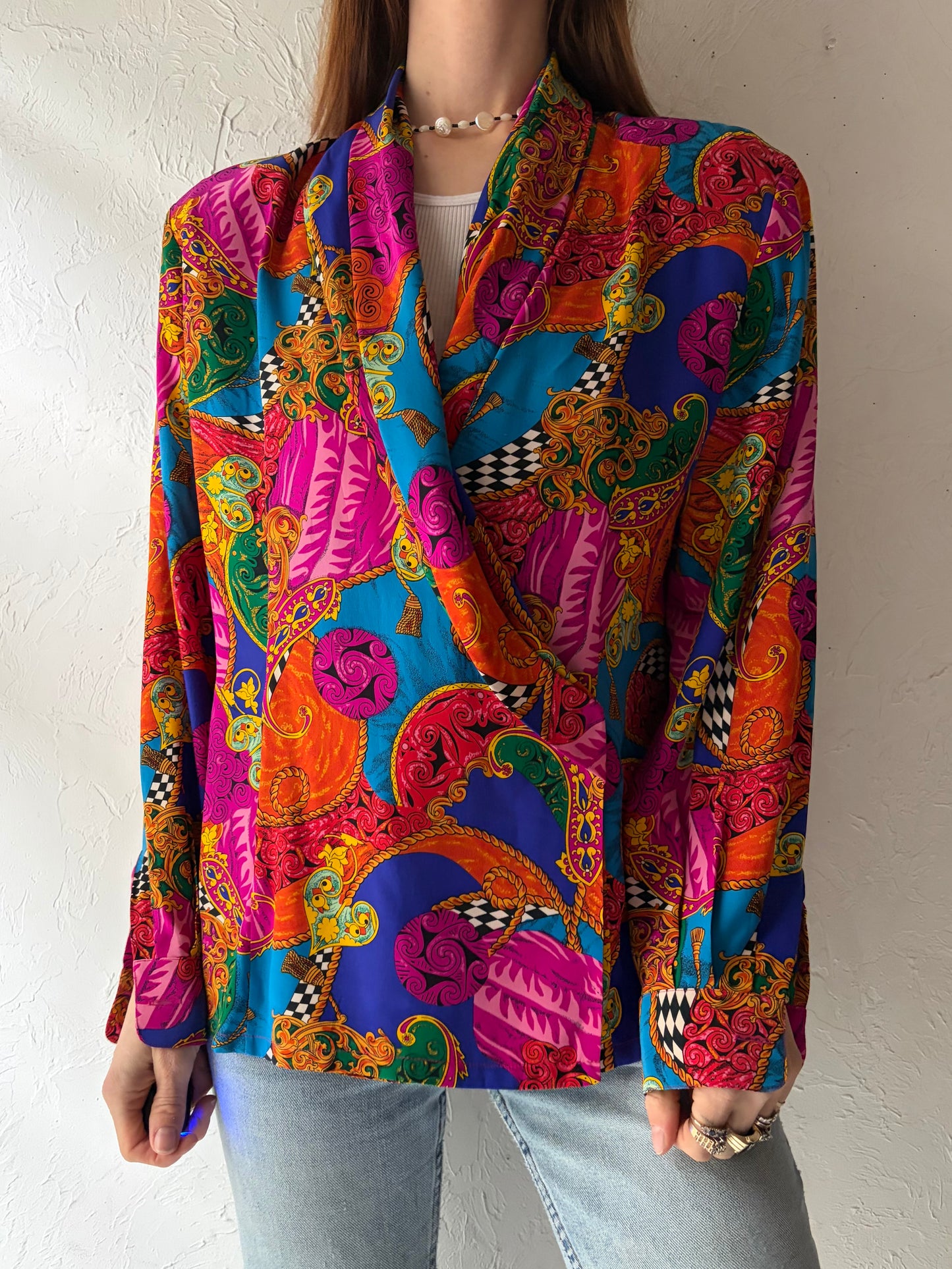 90s 'Danna Buchman' Retro Patterned Silk Blouse / Medium