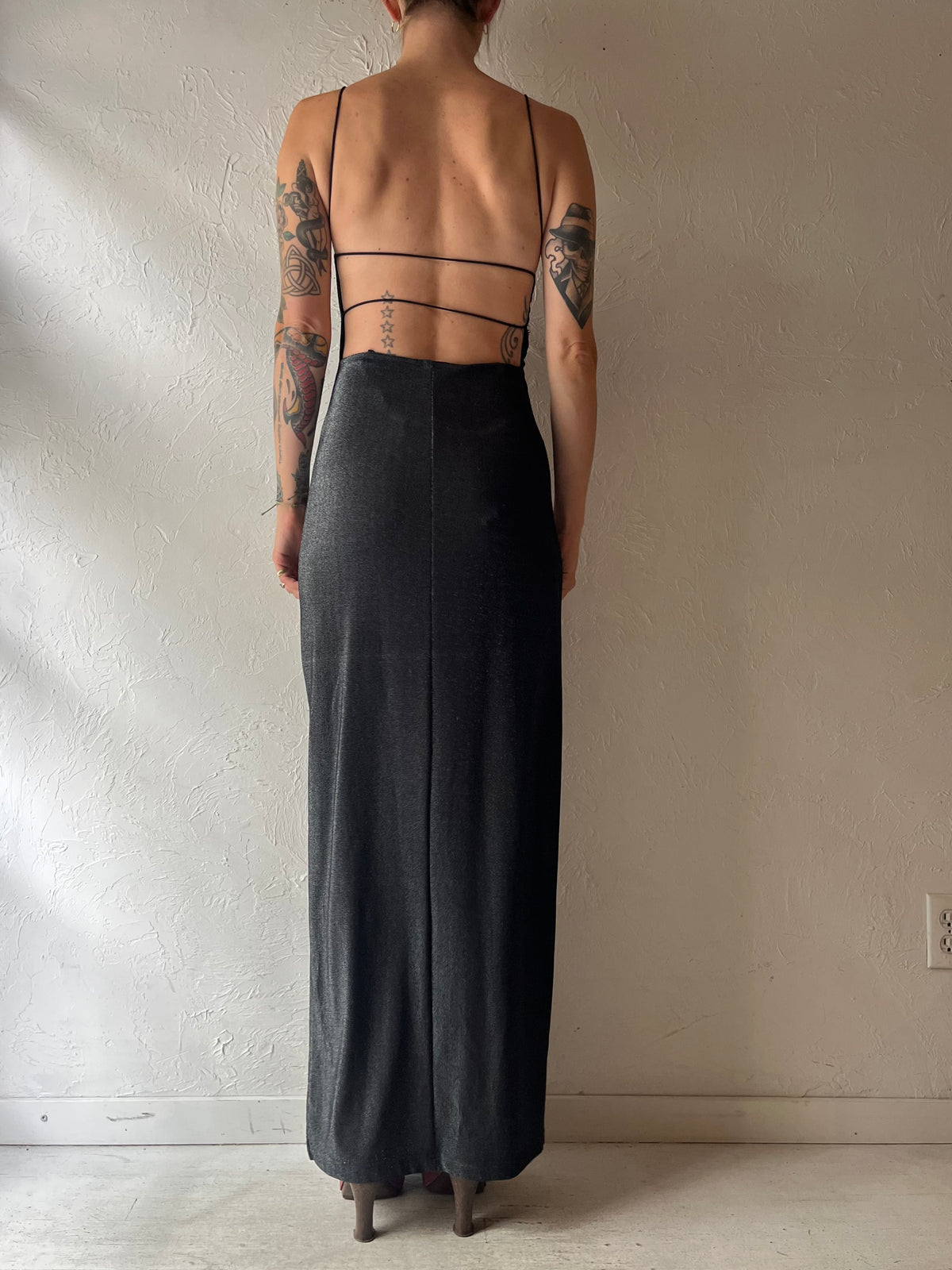 Y2k 'City Triangle' Black Sparkly Metallic Bodycon Evening Gown Minimalist Goth Party Maxi Dress / Small
