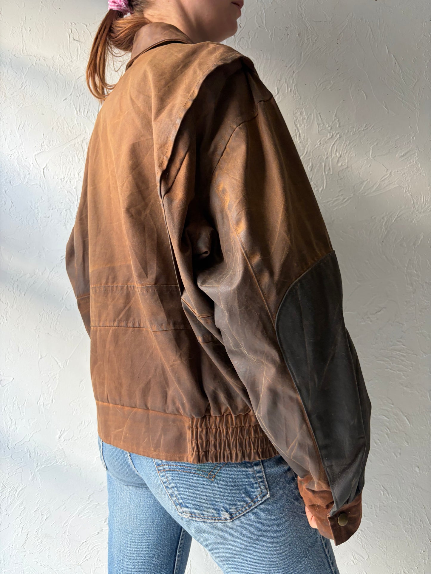 90s 'RCMP' Brown Waxed Workwear Bomber Jacket / Vintage 1990s Canadian Police Style Oilskin Canvas Utility Outerwear / Medium