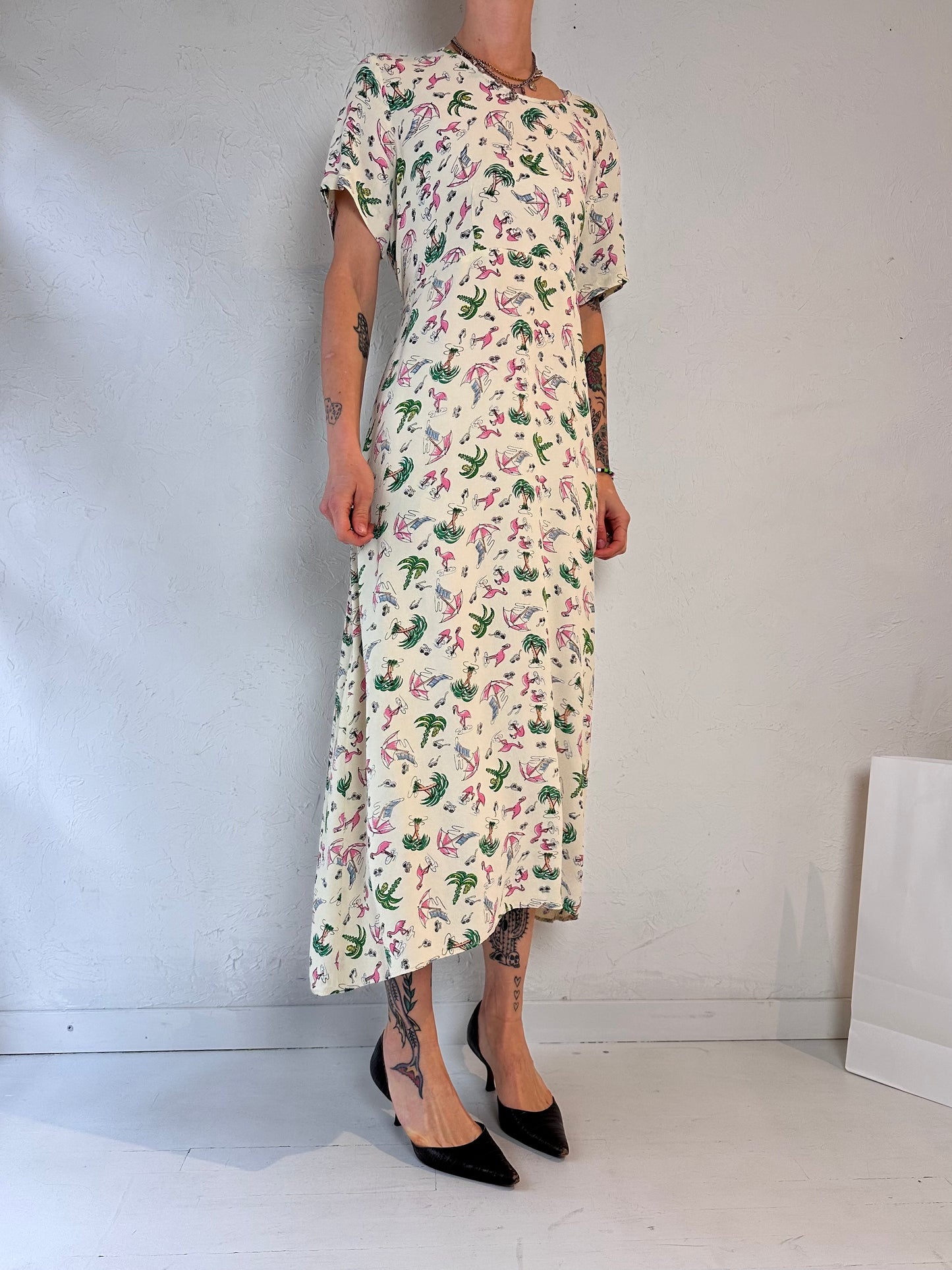 90s 'Kamellia' Flamingo Print Dress / Medium