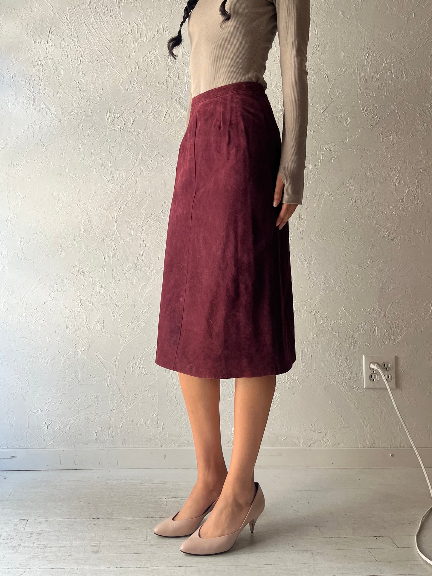Vintage Burgundy Suede Leather Pencil Skirt / Small