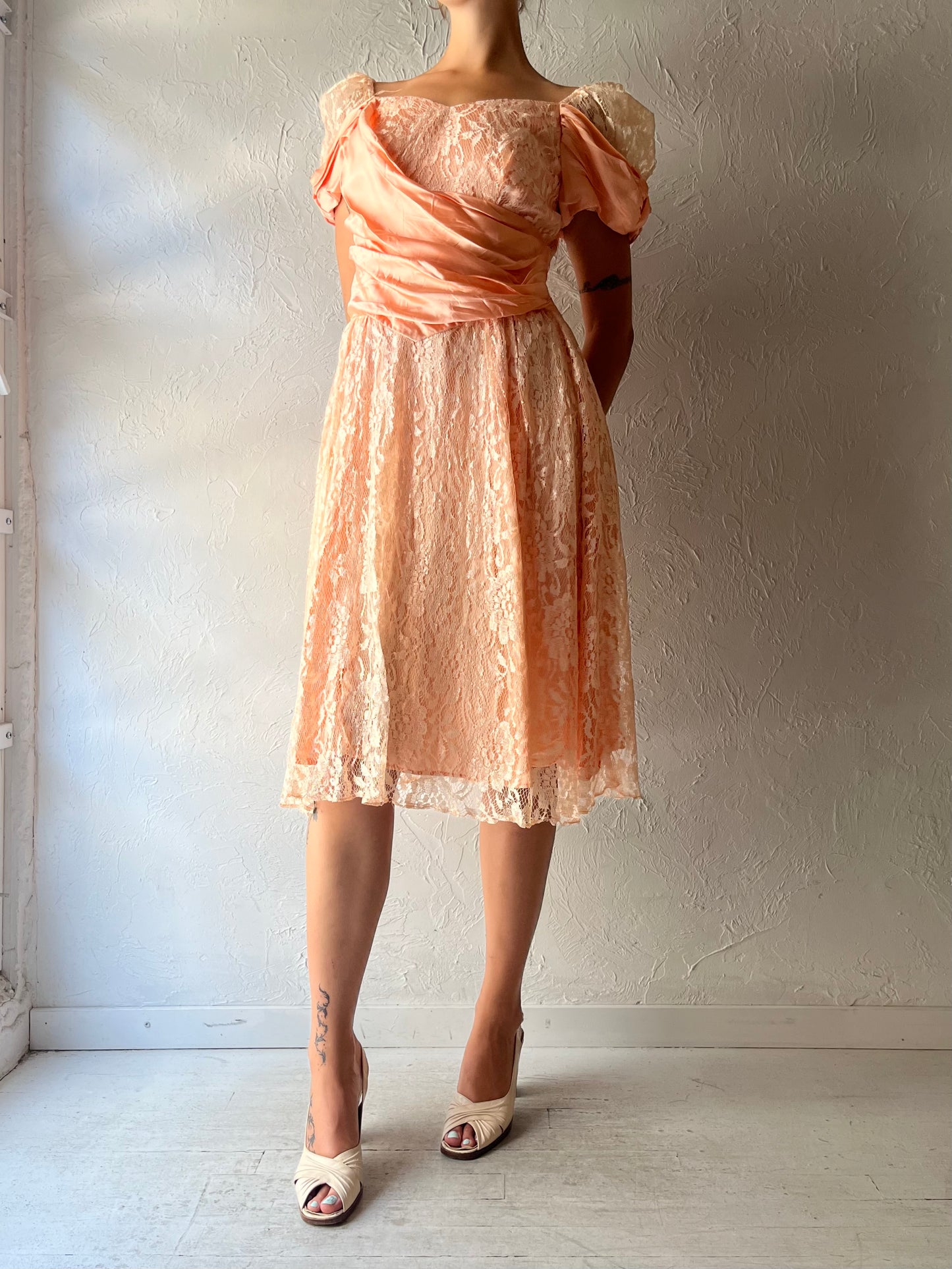 80s 'Nu-Mode' Pink Retro Romanic Lace Formal Midi Dress / Medium