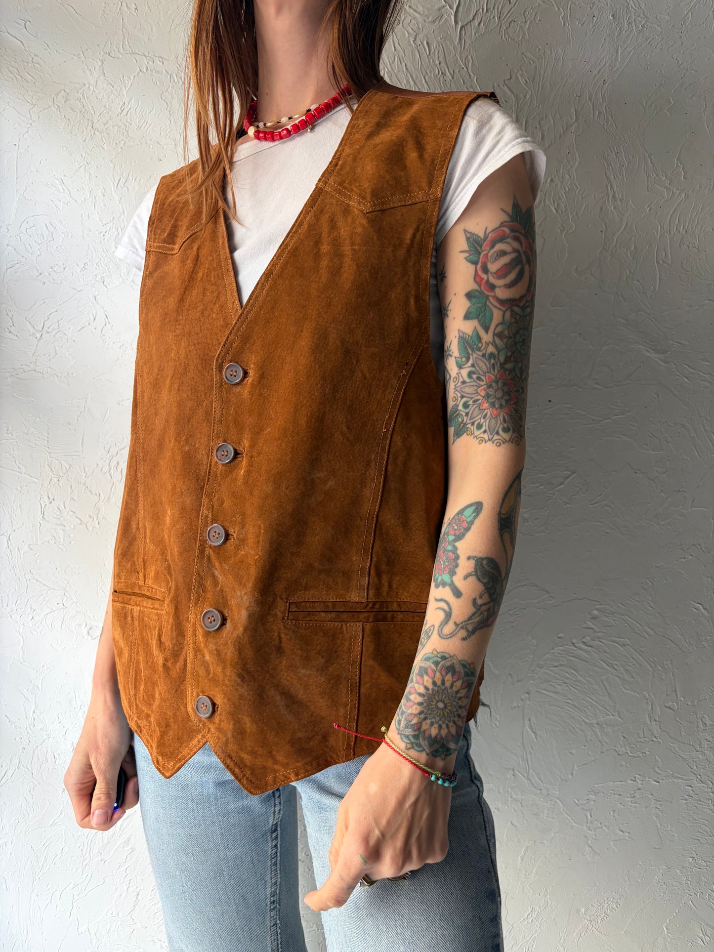 90s 'Pelle Cuir' Brown Suede Minimalist Western Cowboy Vest / Large