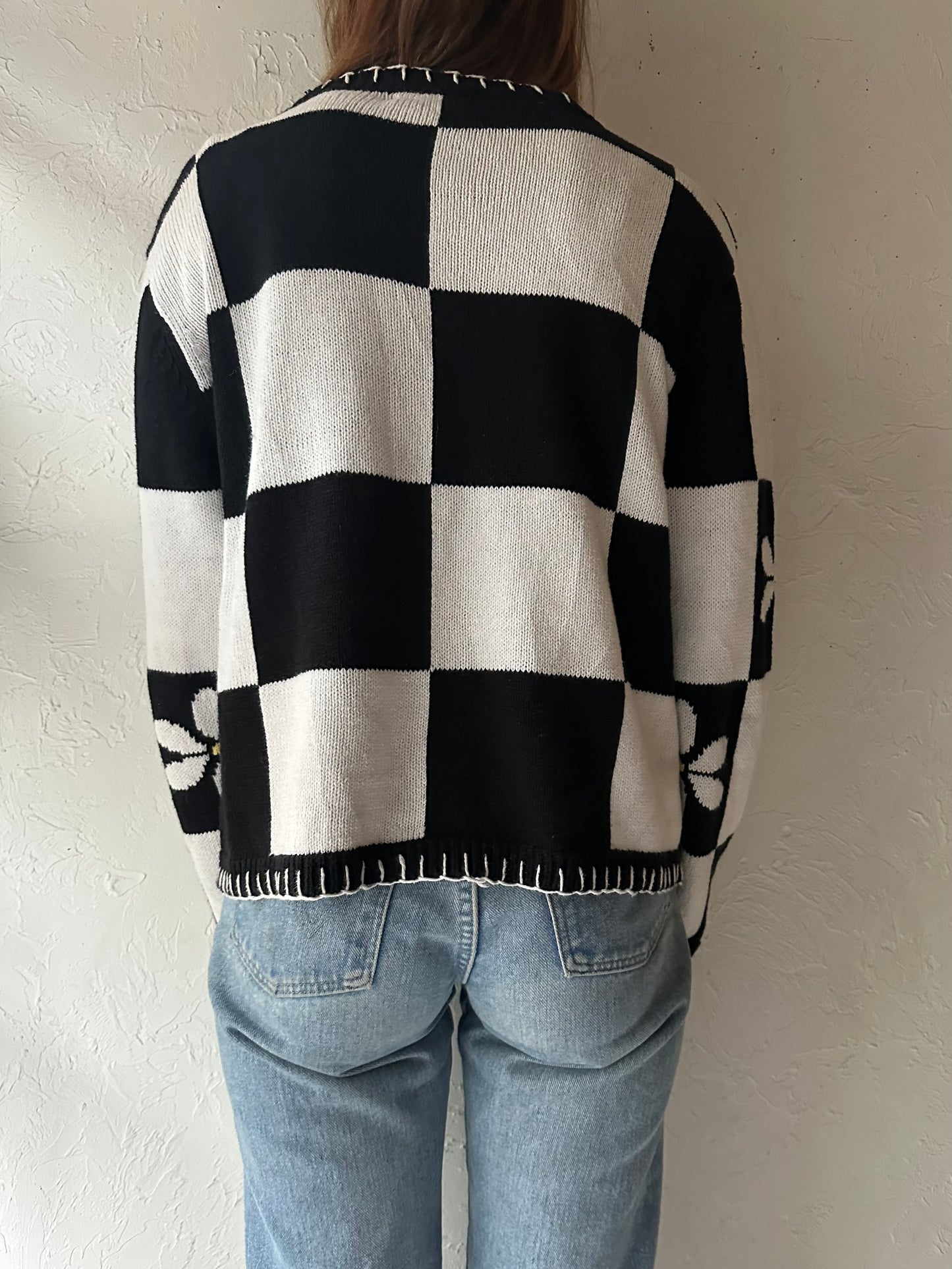 90s 'Willow Ridge' Checker Flower Sweater / Medium