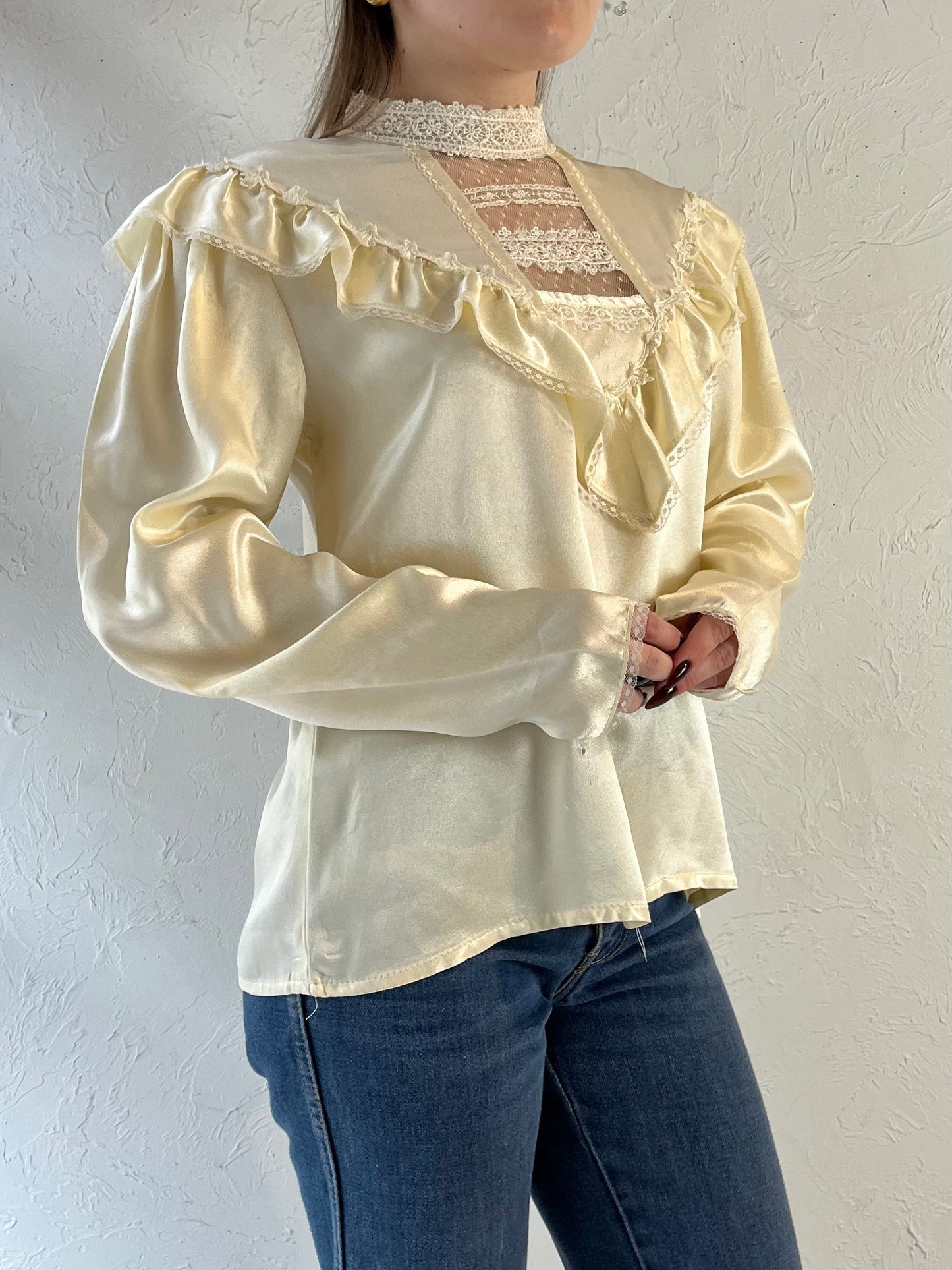 70s ‘Jessica Gunnies’ Cream Silky Peasant Blouse / Small - Medium