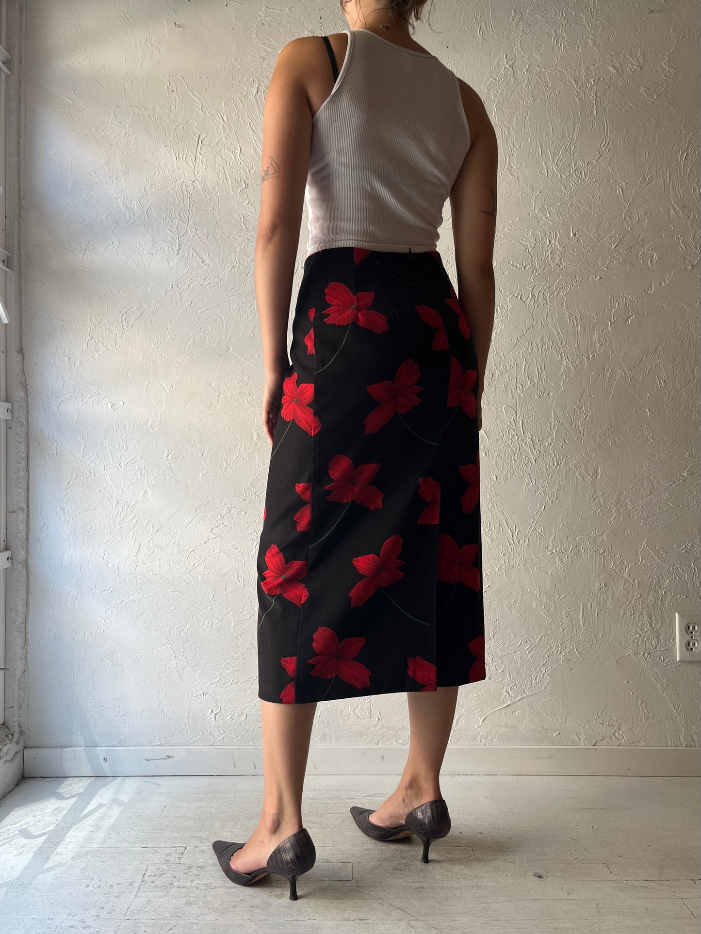 90s 'Briggs' Black Floral Minimalist Office Dark Academia Pencil Midi Skirt / Small