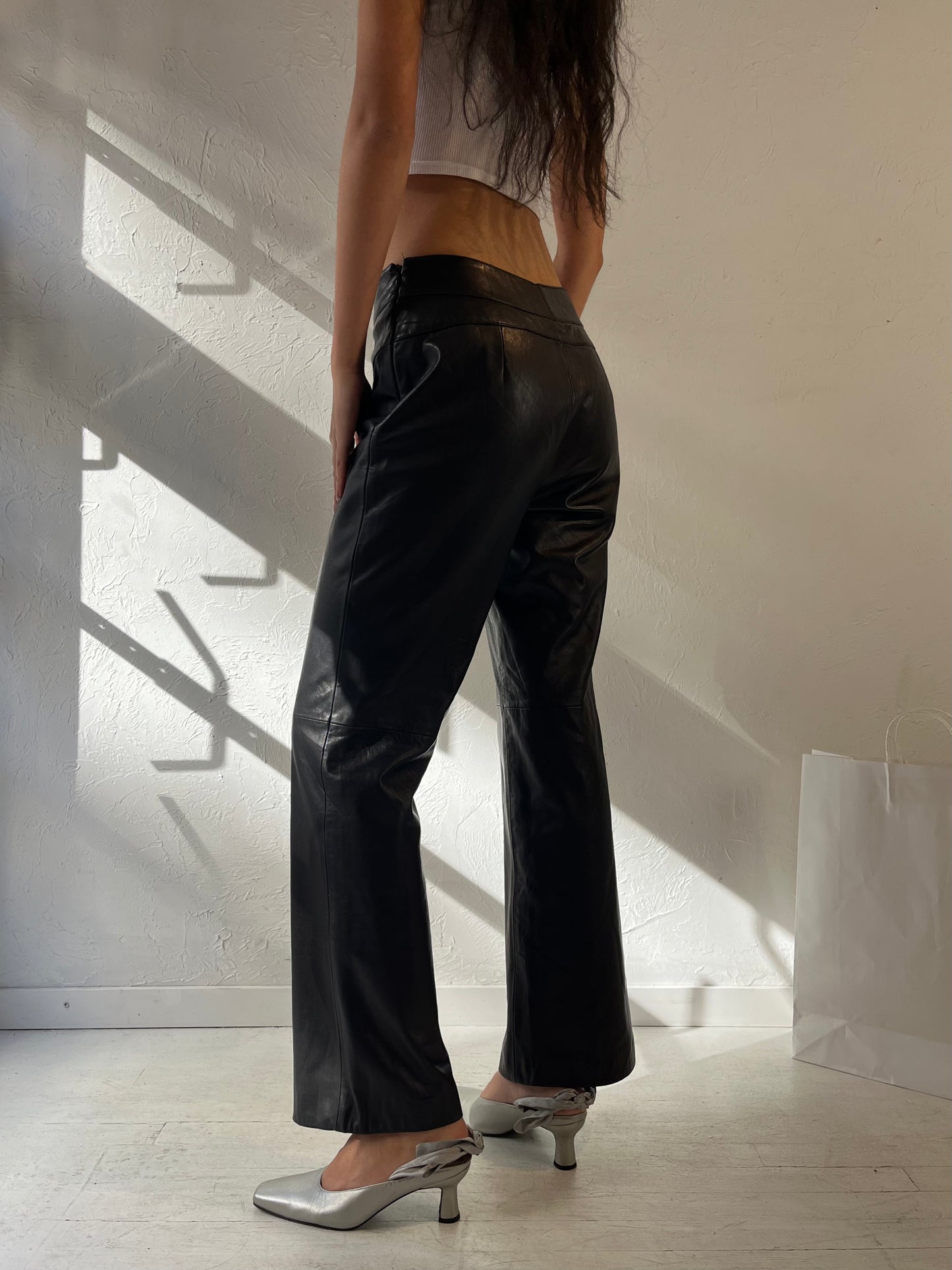 Vintage Black Leather Pants / 28