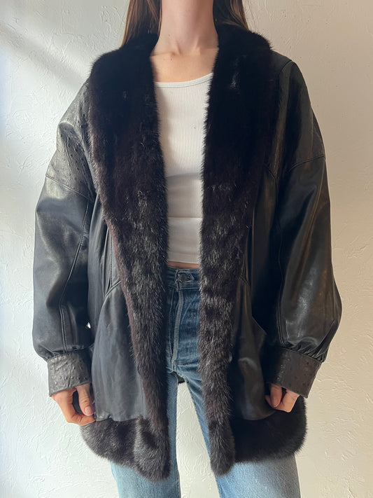 Vintage Black Oversized Winter Leather Jacket / Medium