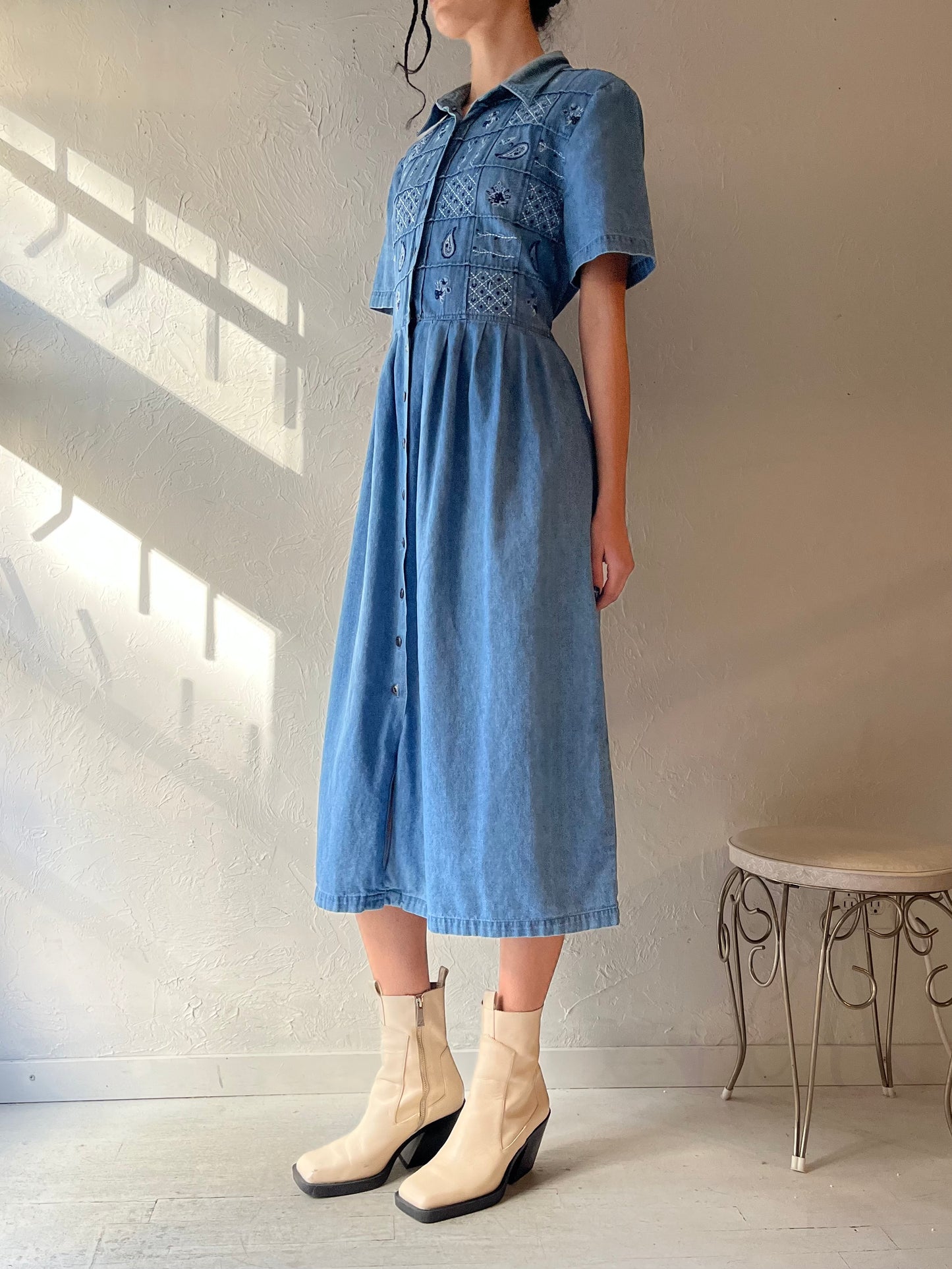 90s 'Traditions' Paisley Embroidered Denim Dress / Medium - Large