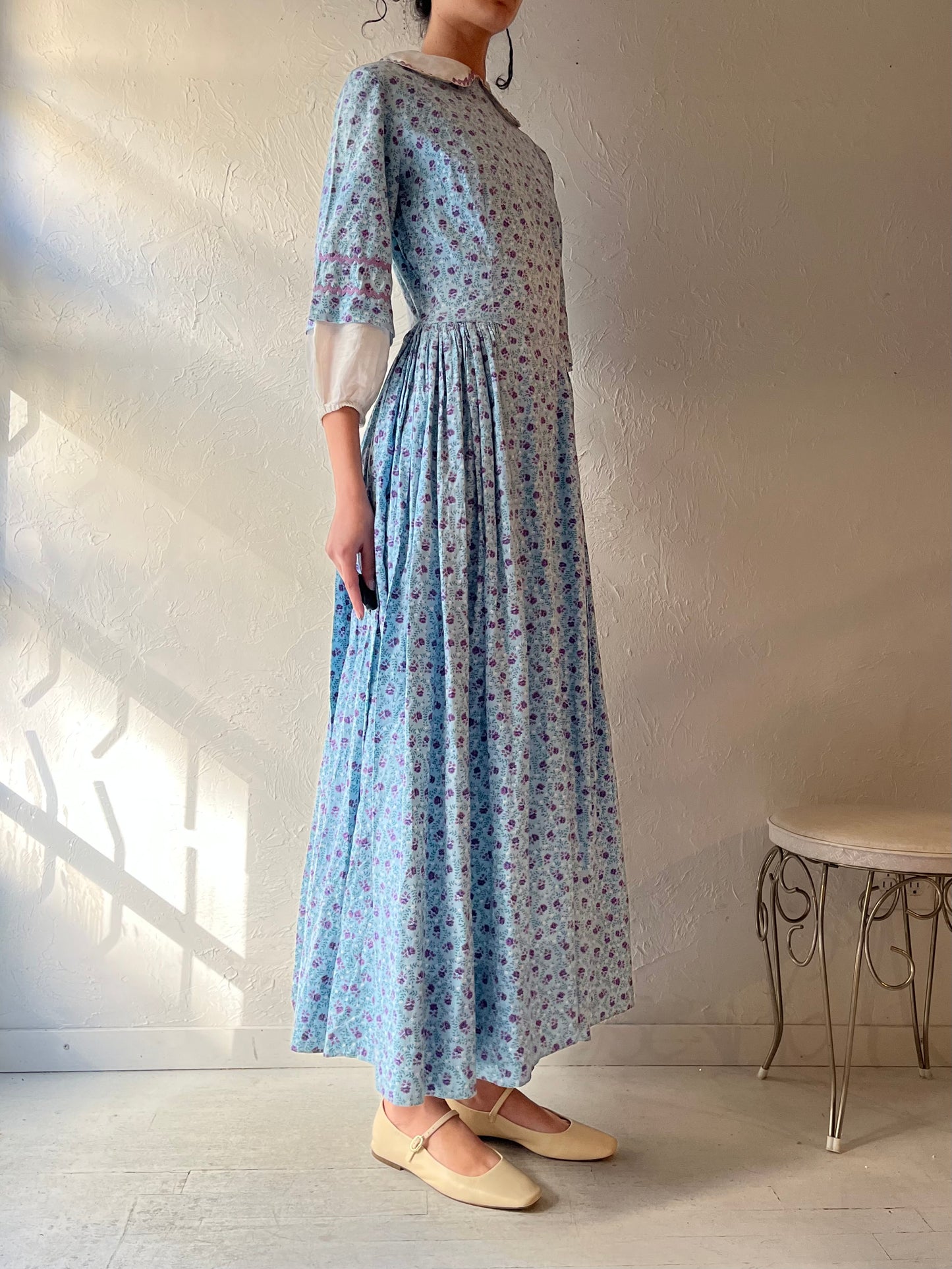 Vintage Handmade Blue Baby Blue Floral Peasant Maxi Dress / Small