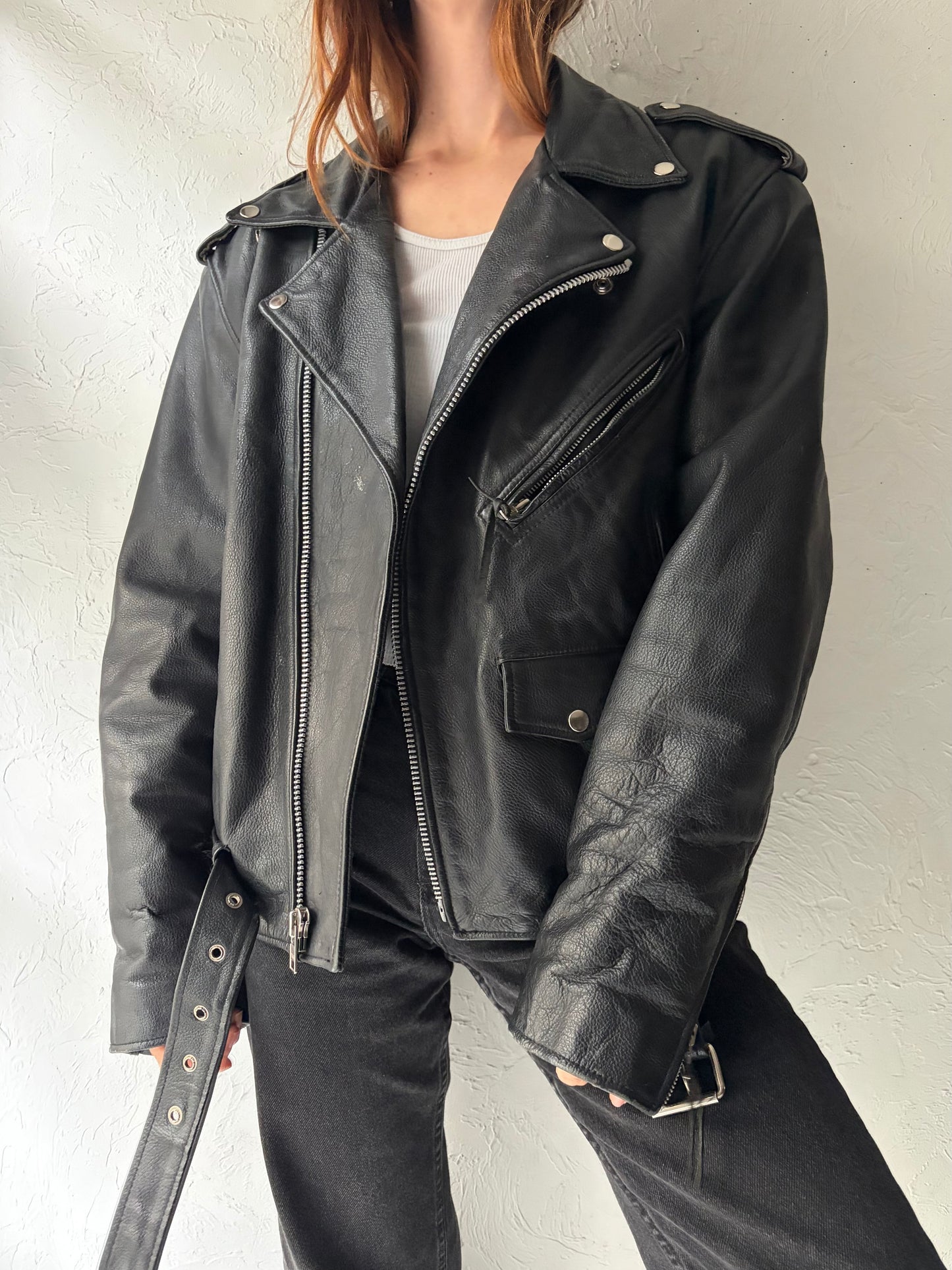 90s 'FMC' Heavy Duty Leather Moto Jacket / Large